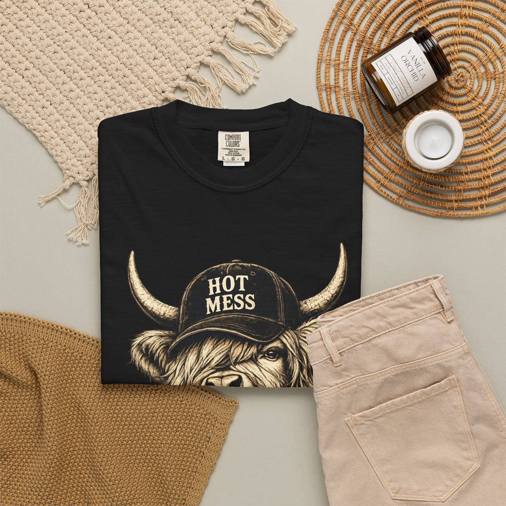 Hot Mess Highland Cow T Shirt Funny Cow with Coffee Graphic