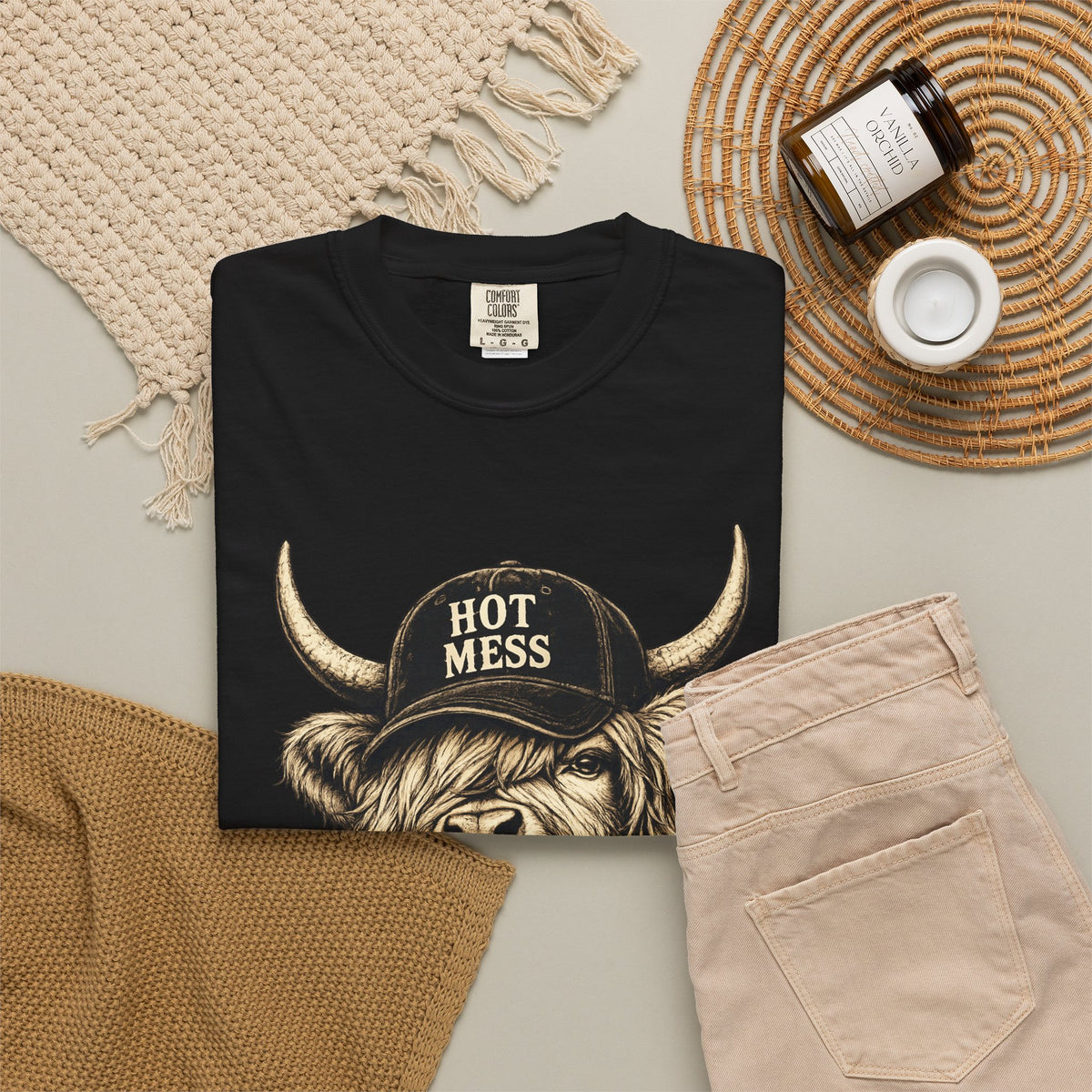 Hot Mess Highland Cow T Shirt Funny Cow with Coffee Graphic