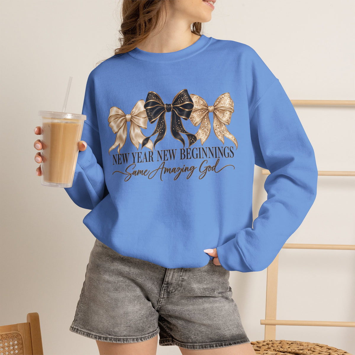 Christian New Year Sweatshirt, New Year New Beginnings Same Amazing God, Coquette Bow Crewneck, Faith Based New Years Eve Outfit, Christian