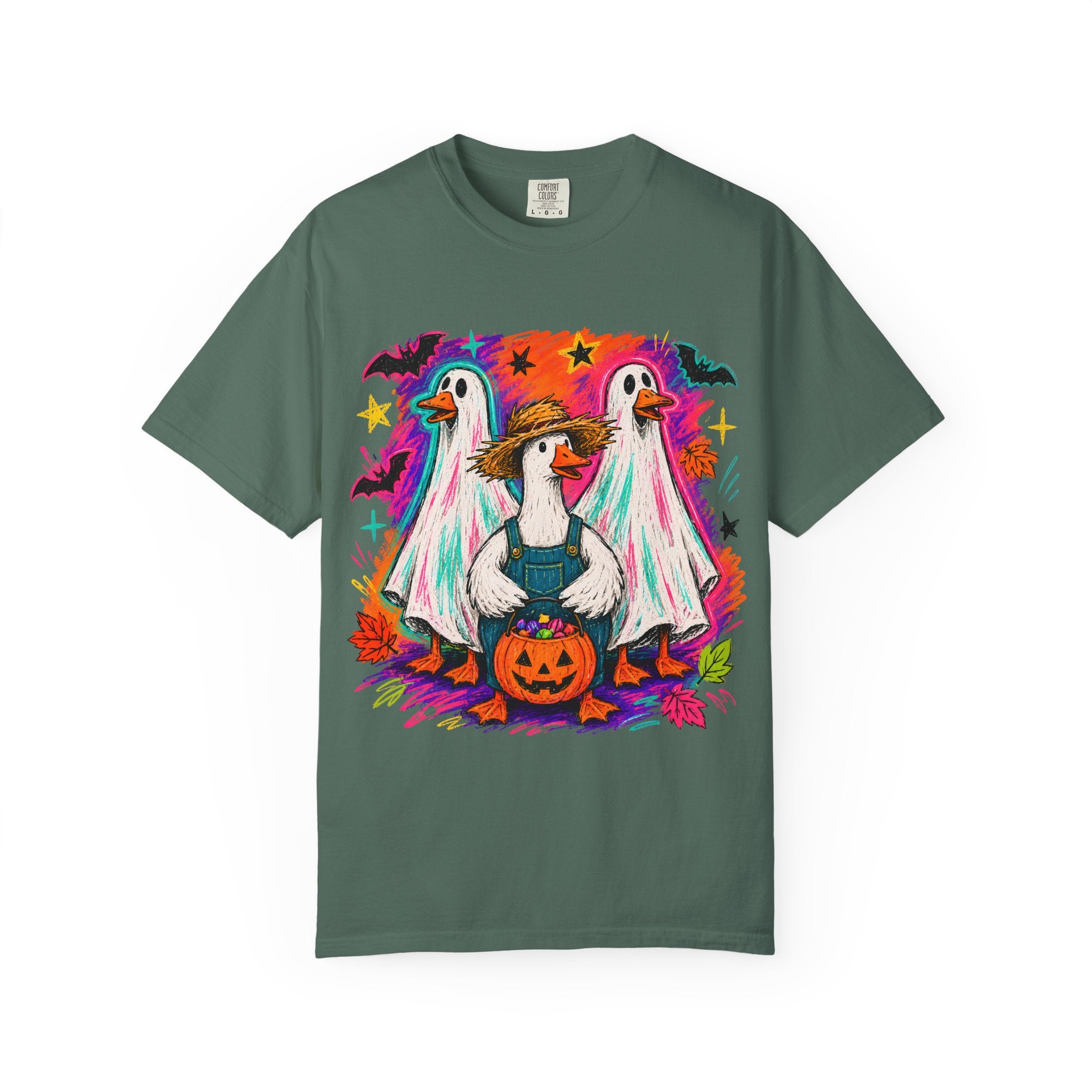 Halloween Goose T Shirt Cute Goose in Ghost Costume with Pumpkin Illustration