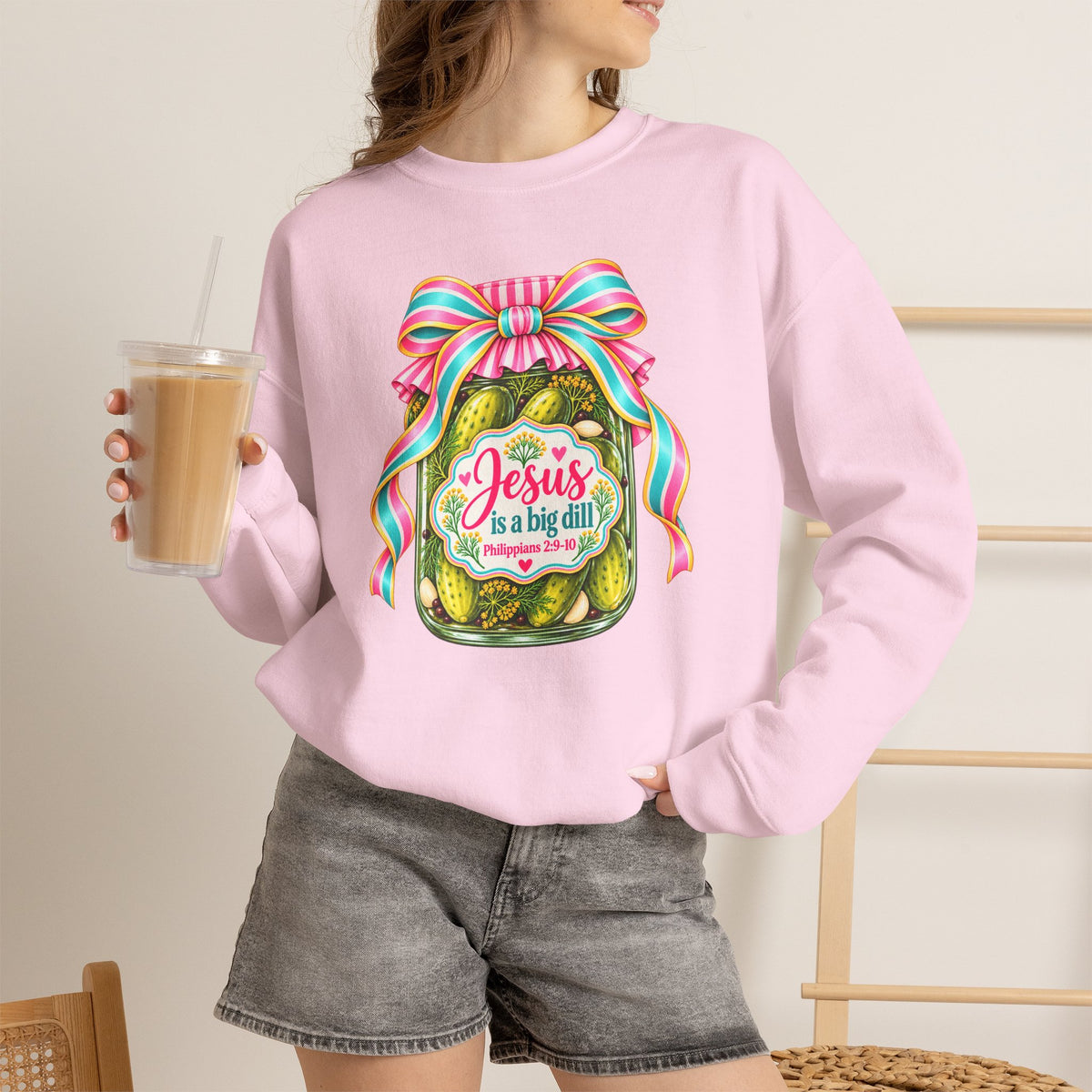 Preppy Christian Coquette Sweatshirt, Jesus Is a Big Dill, Pink Bow Pickle Crewneck, Cute Faith Graphic Sweatshirt, Christian Gift for Her
