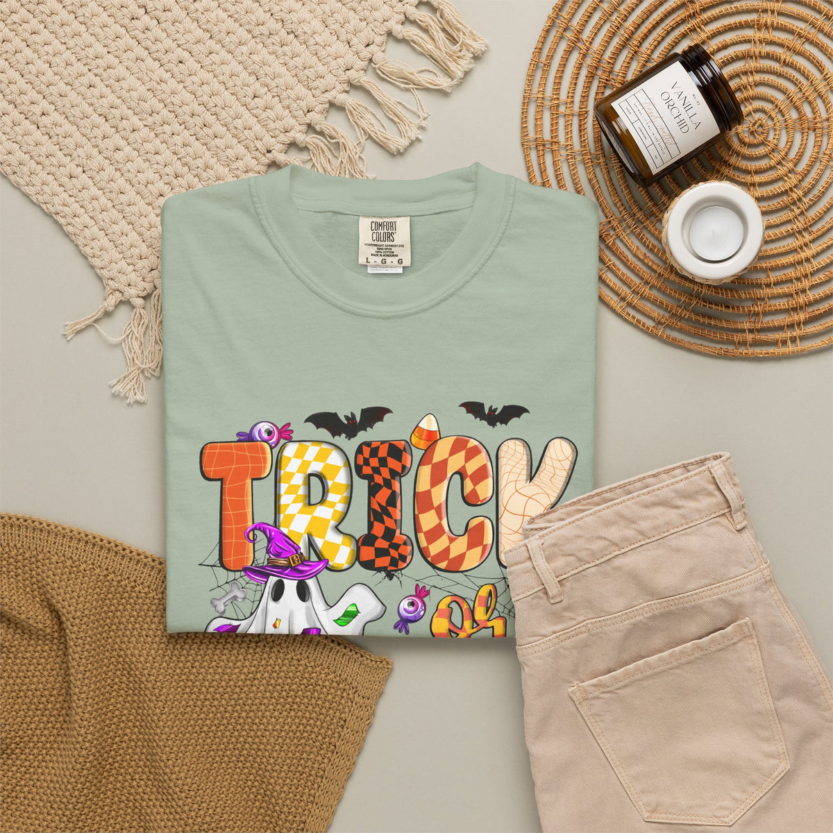 Trick or Treat Halloween T Shirt Cute Ghost Pumpkin and Candy Graphic Tee