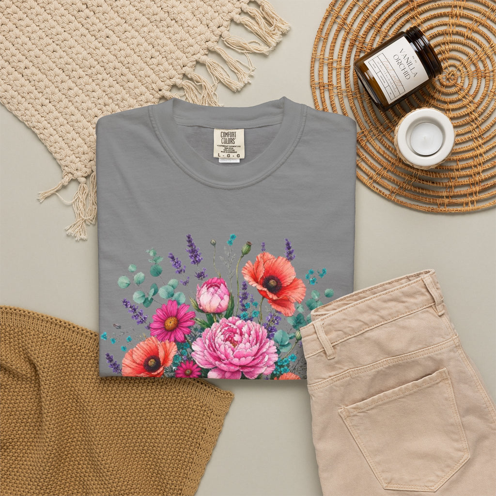 Floral Bouquet T Shirt  Pink Peony and Poppy Garden Tee