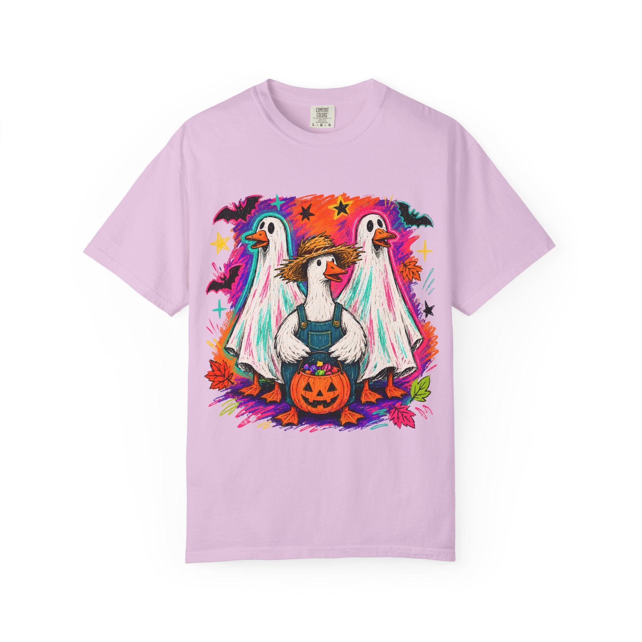 Halloween Goose T Shirt Cute Goose in Ghost Costume with Pumpkin Illustration