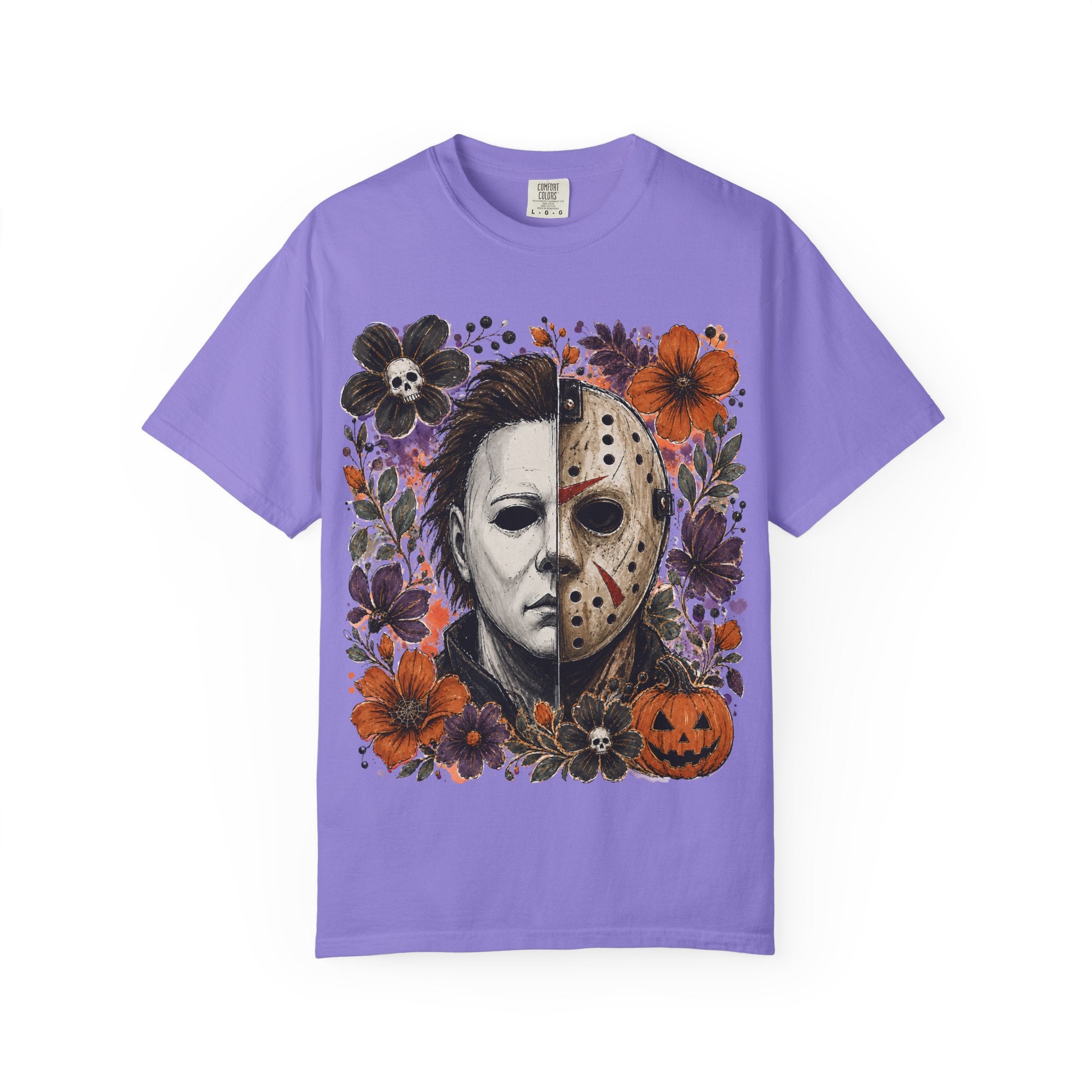 Horror Split Face Floral T Shirt Michael Myers and Jason Halloween Tee