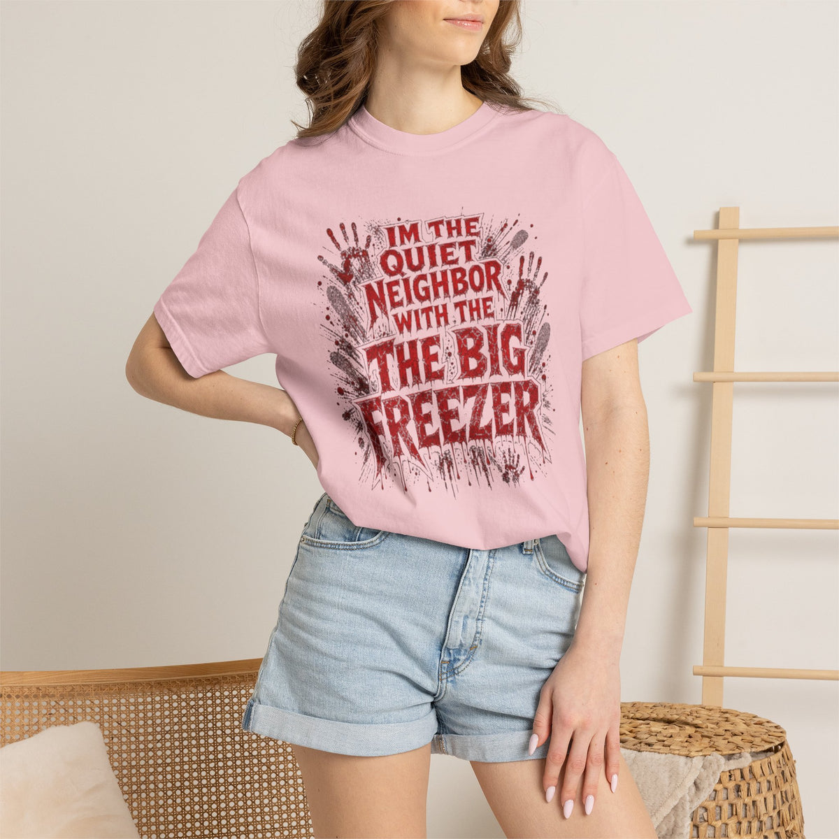 Graphic Tee Shirt Im the Quiet Neighbor with the Big Freezer Horror Handprint Tee
