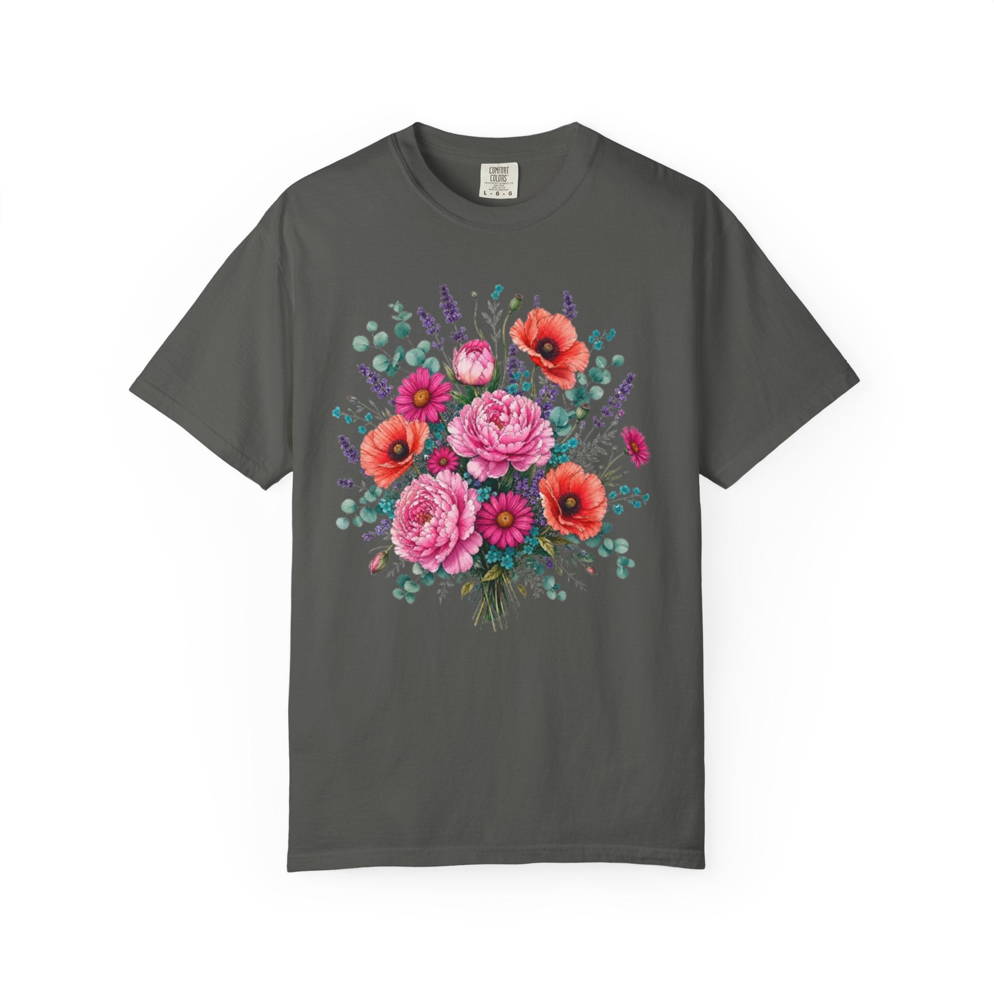 Floral Bouquet T Shirt  Pink Peony and Poppy Garden Tee