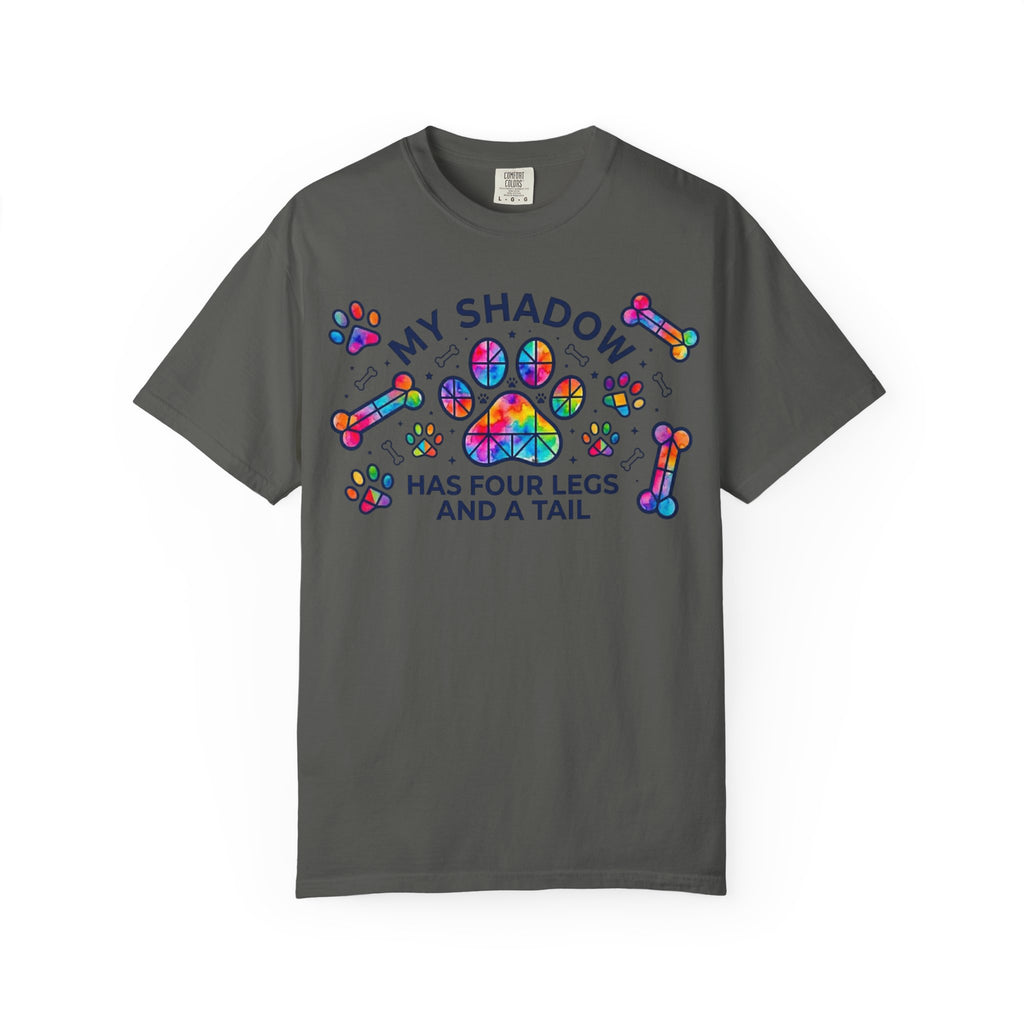 My Shadow Has Four Legs And A Tail T-Shirt Colorful Paw Print Dog Lover Tee