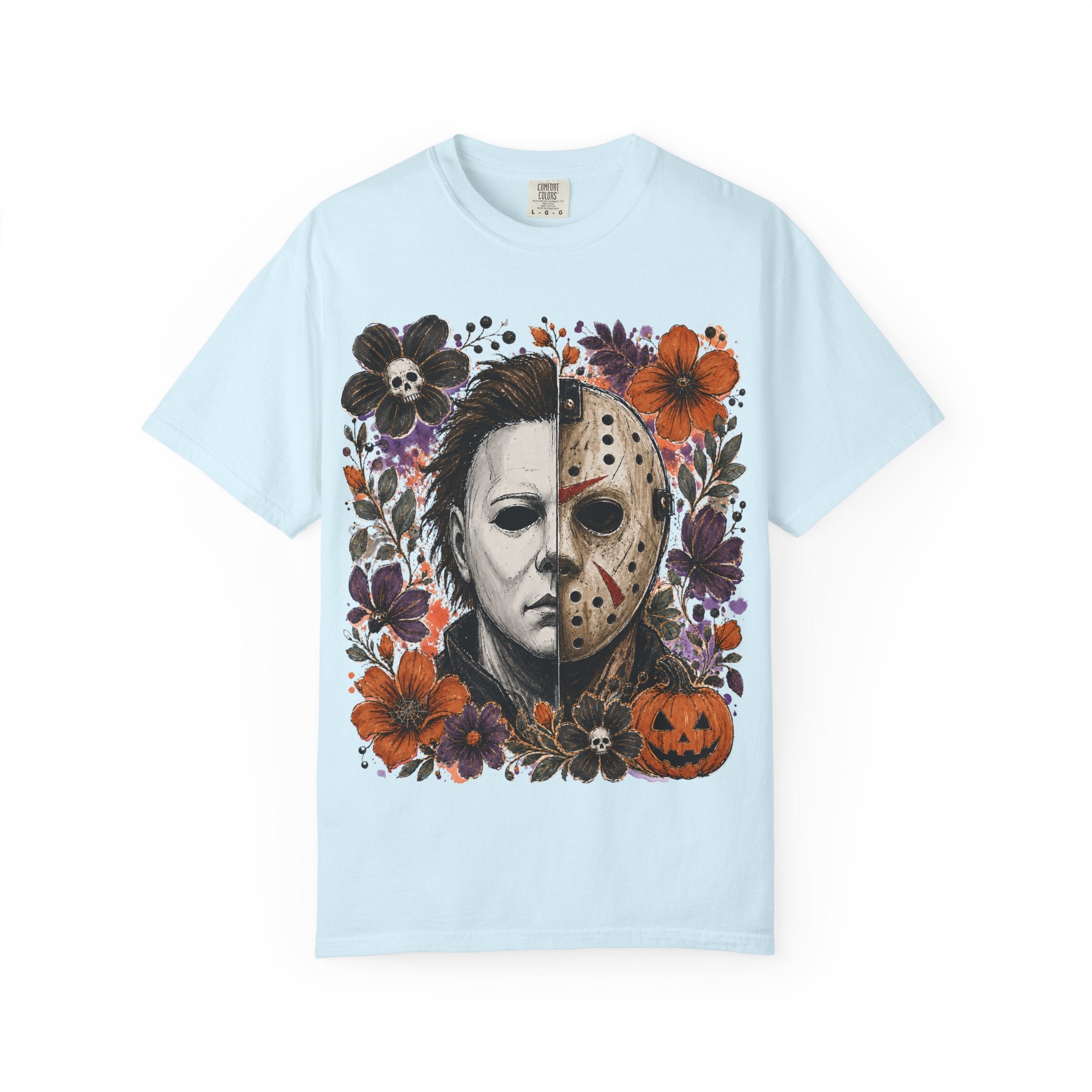 Horror Split Face Floral T Shirt Michael Myers and Jason Halloween Tee