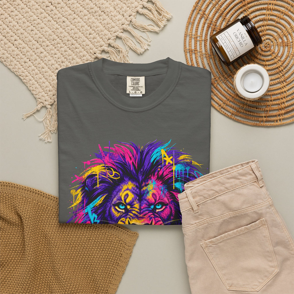 Colorful Roaring Lion T Shirt Vibrant Neon Animal Graphic Tee