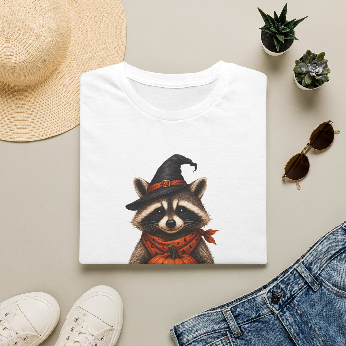 Raccoon Witch Halloween T Shirt Cute Pumpkin Trick-or-Treat Tee