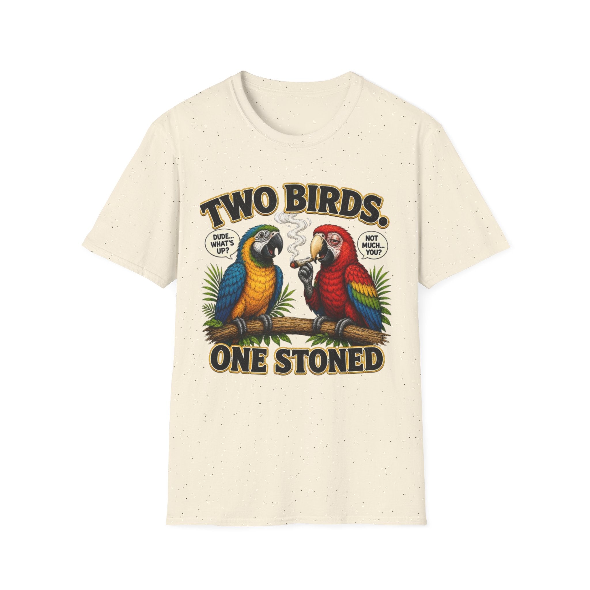 Parrot Graphic Tee Two Birds. One Stoned. Vintage Cannabis Humor T-Shirt