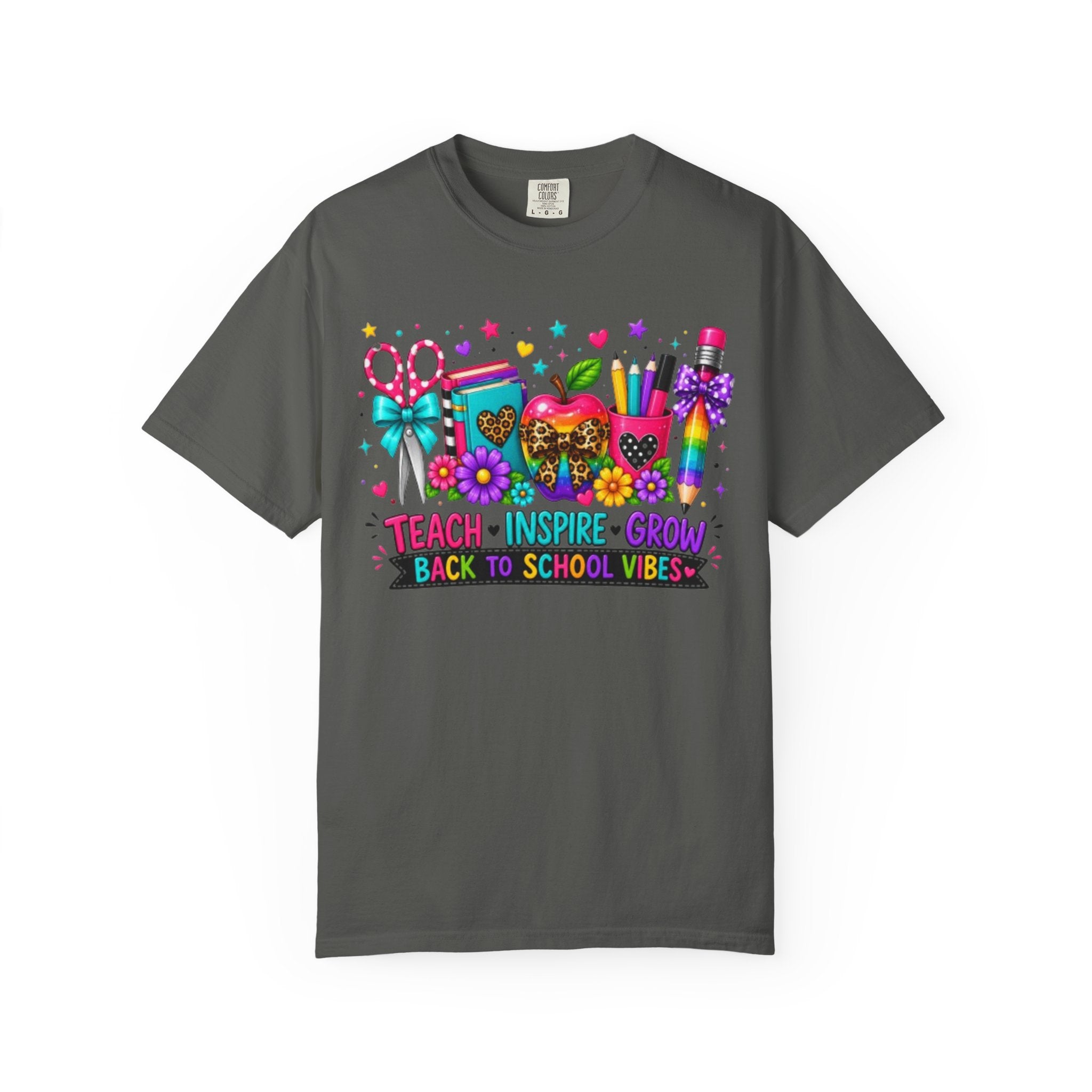 Back to School Teacher T Shirt Teach  Inspire  Grow Colorful School Supplies Tee