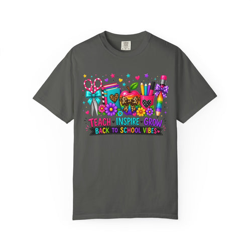 Back to School Teacher T Shirt Teach  Inspire  Grow Colorful School Supplies Tee