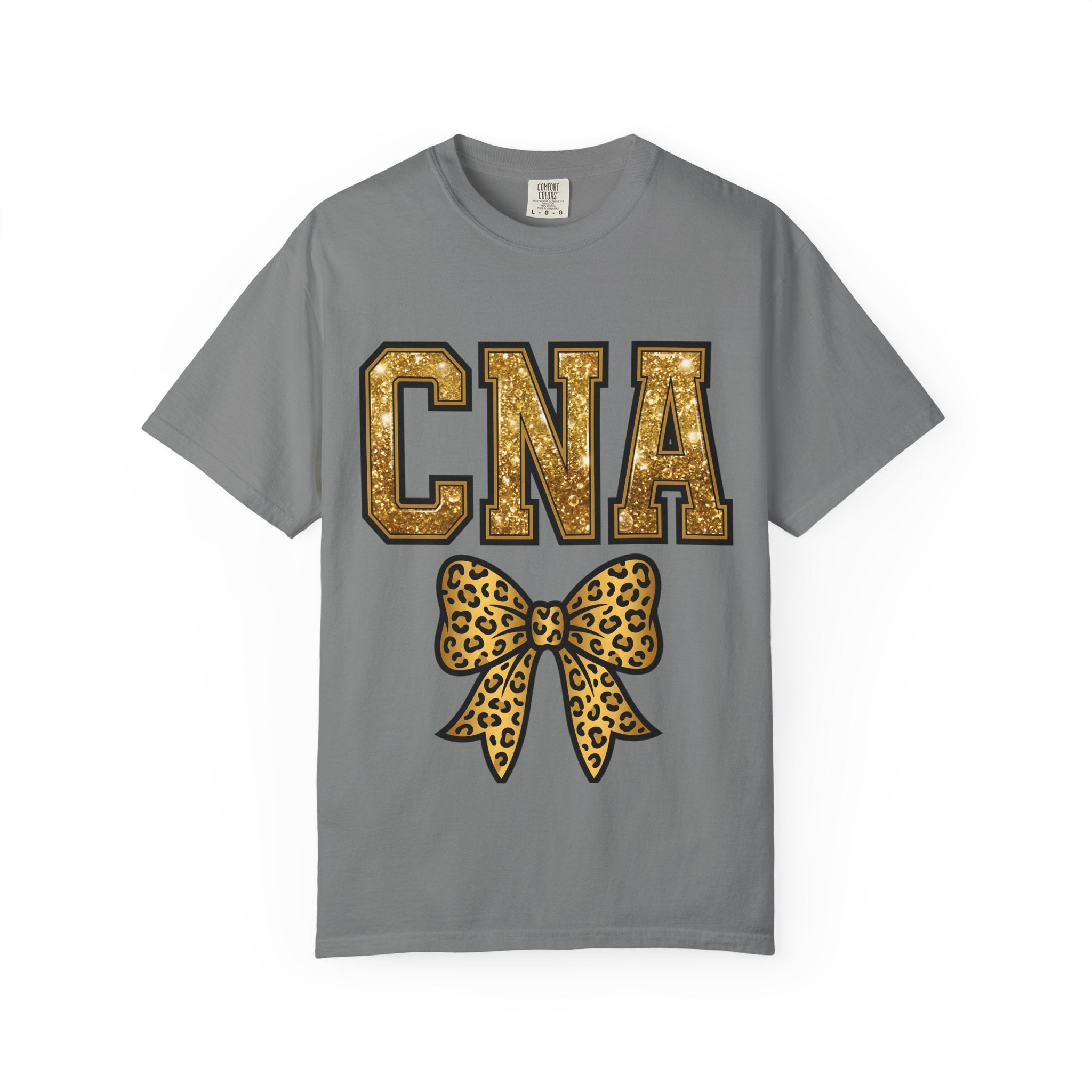 CNA Leopard Bow T Shirt Sparkle Gold Nurse Aide Tee