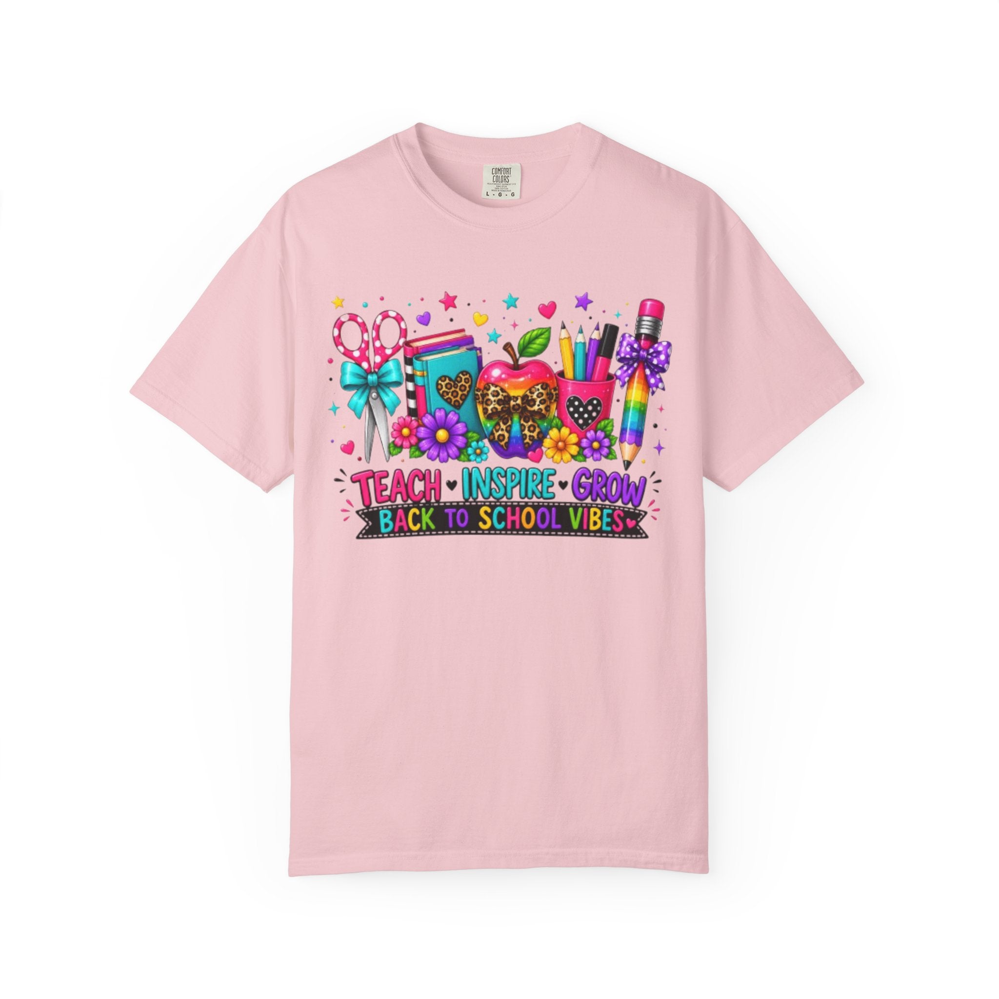 Back to School Teacher T Shirt Teach  Inspire  Grow Colorful School Supplies Tee