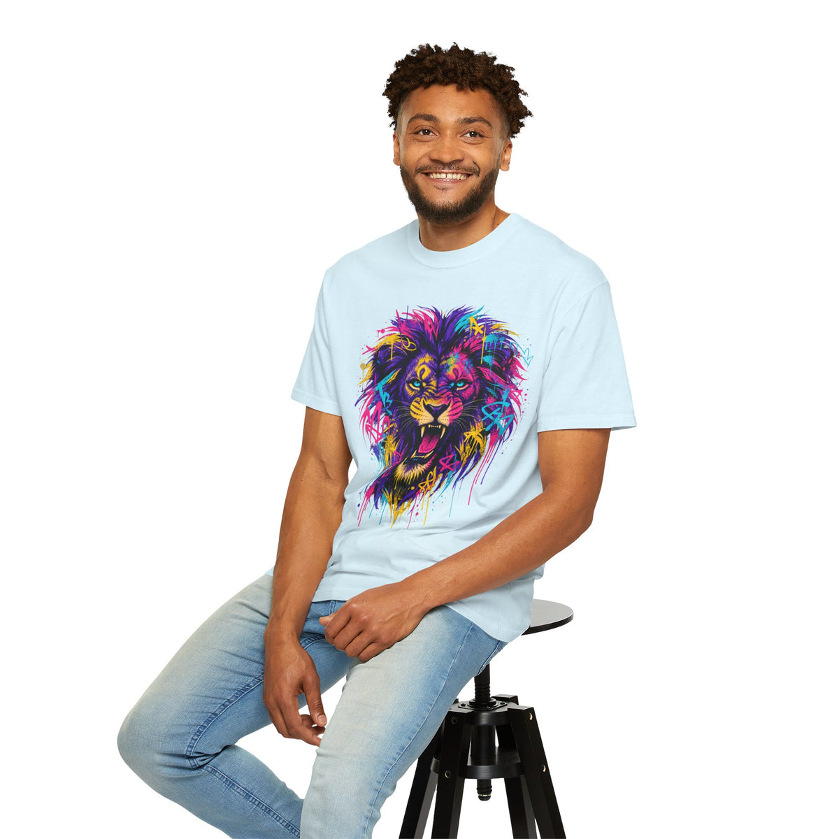 Colorful Roaring Lion T Shirt Vibrant Neon Animal Graphic Tee
