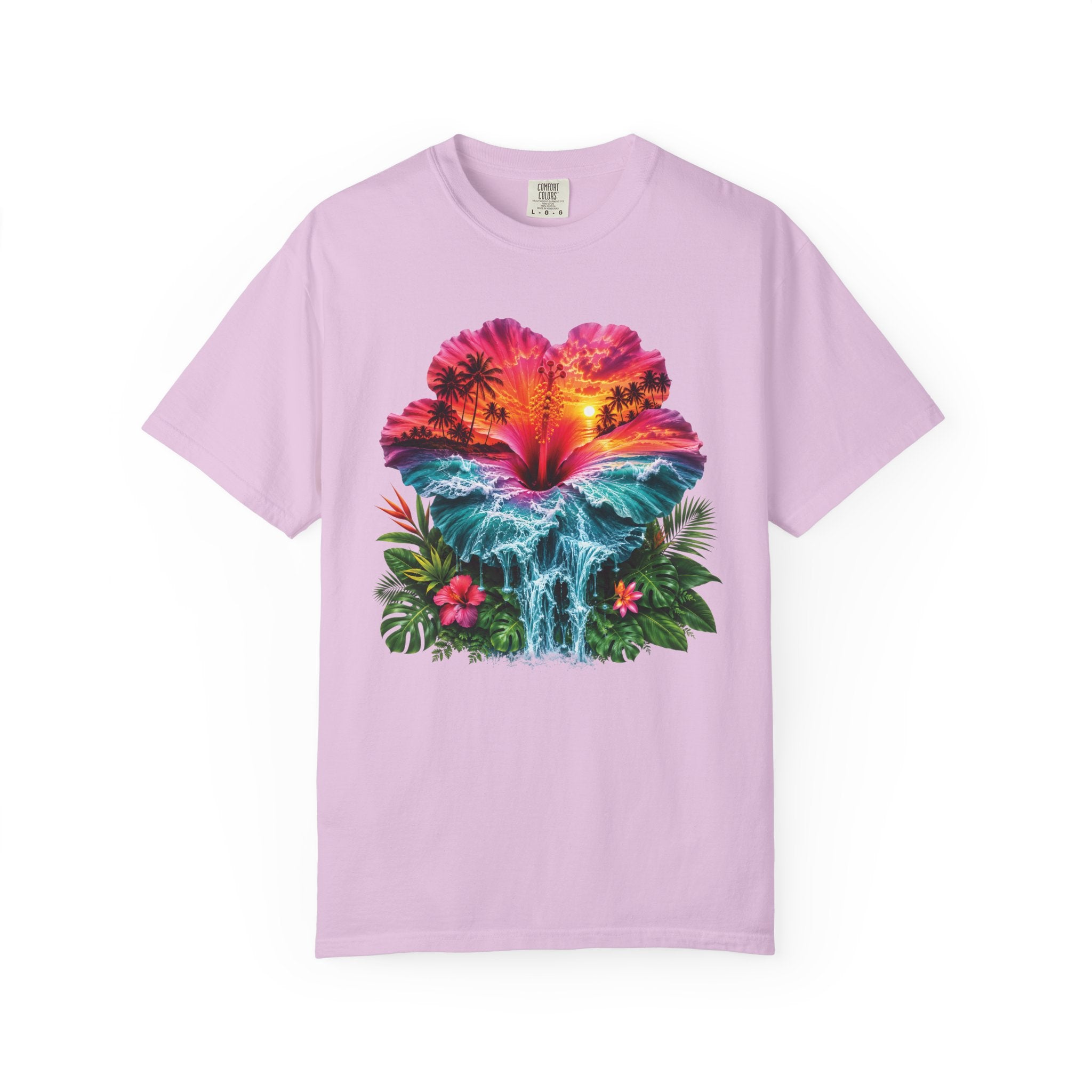 T Shirt Tropical Hibiscus Waterfall Sunset Graphic Tee