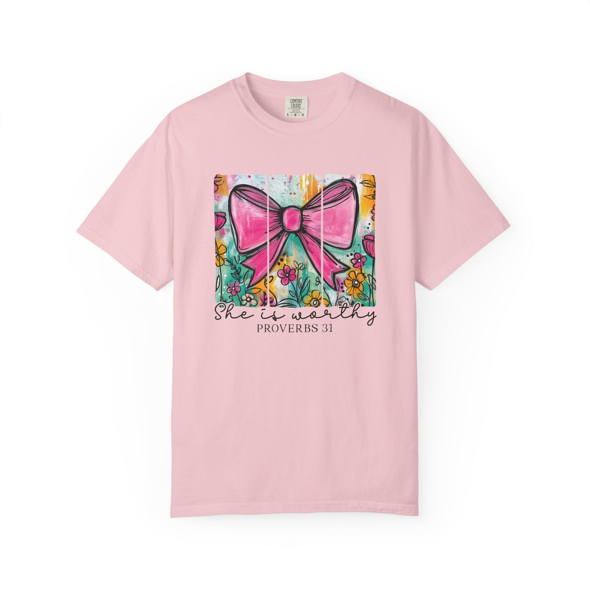 Pink Bow Floral Illustration Tee Shirt | She is Worthy Proverbs 31 Christian Tee