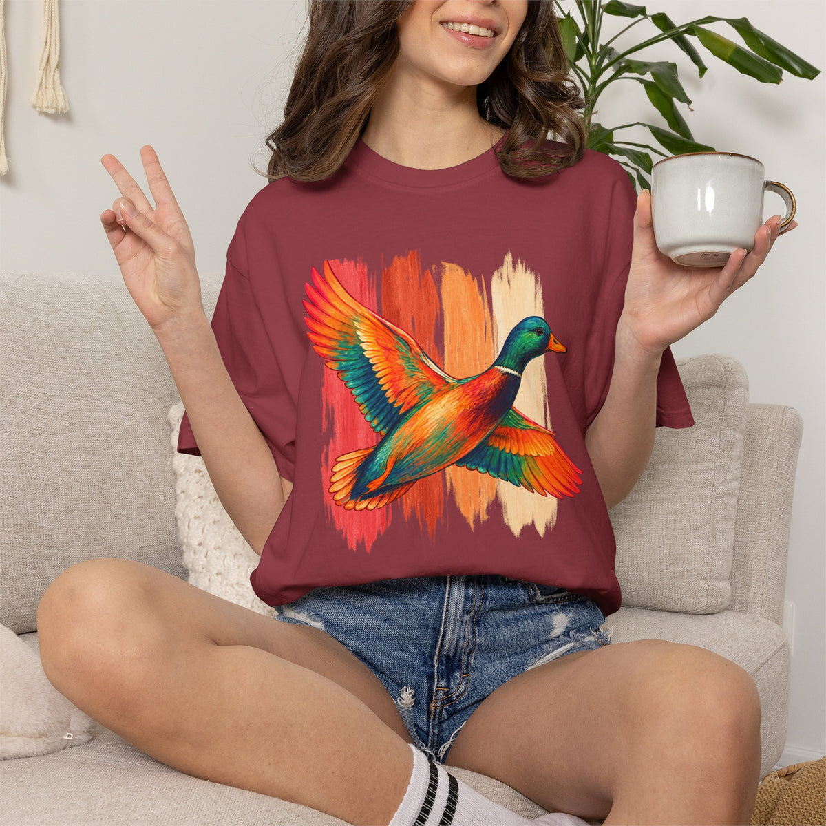 Colorful Flying Duck Tee | Vibrant Mallard Illustration, Nature Shirt