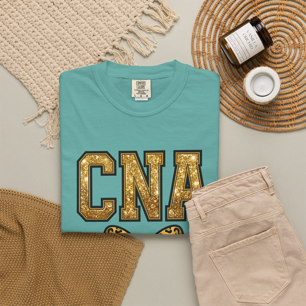 CNA Leopard Bow T Shirt Sparkle Gold Nurse Aide Tee