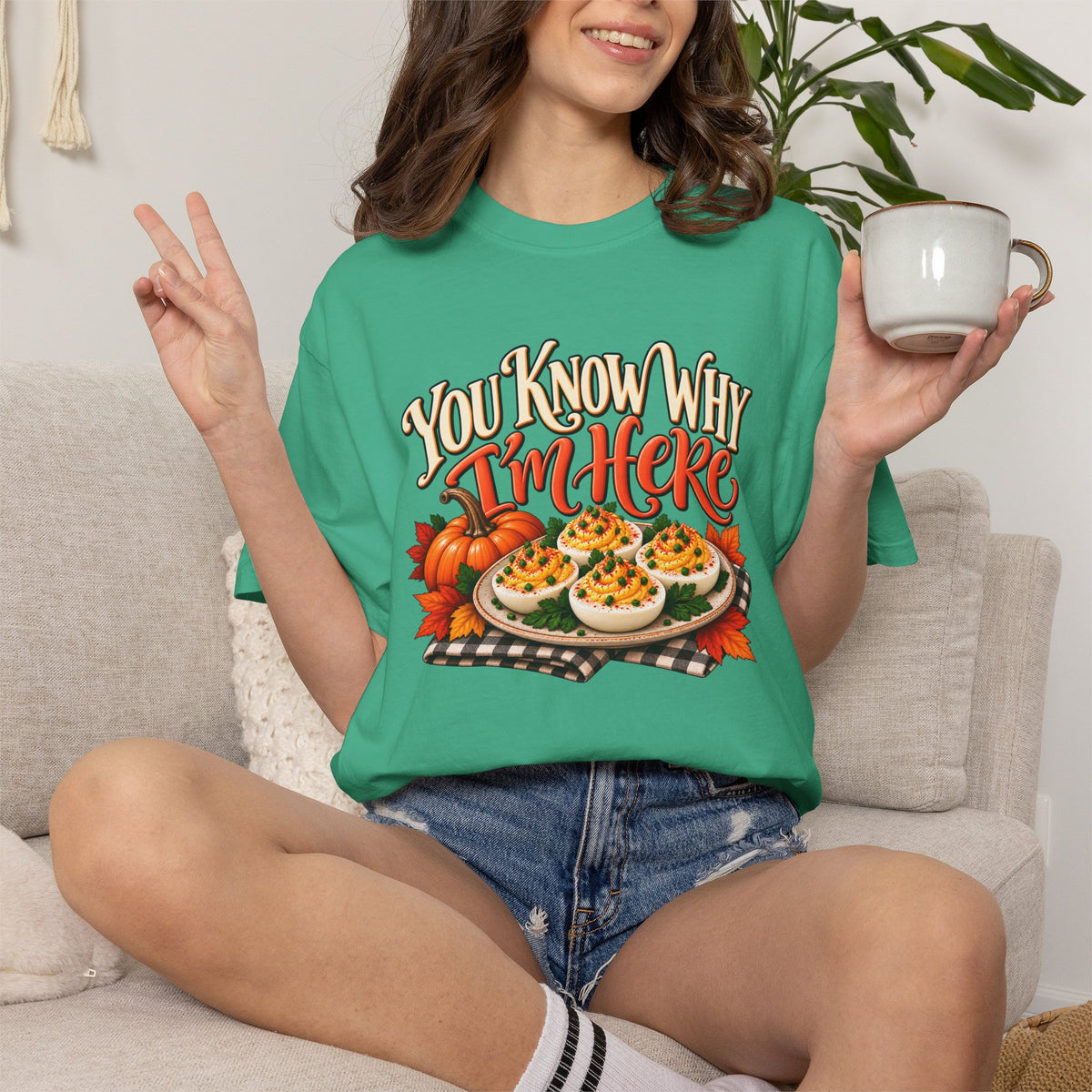 You Know Why Im Here deviled eggs graphic T Shirt | Thanksgiving fall food design