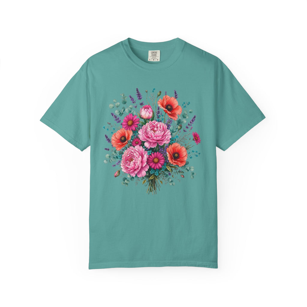 Floral Bouquet T Shirt  Pink Peony and Poppy Garden Tee