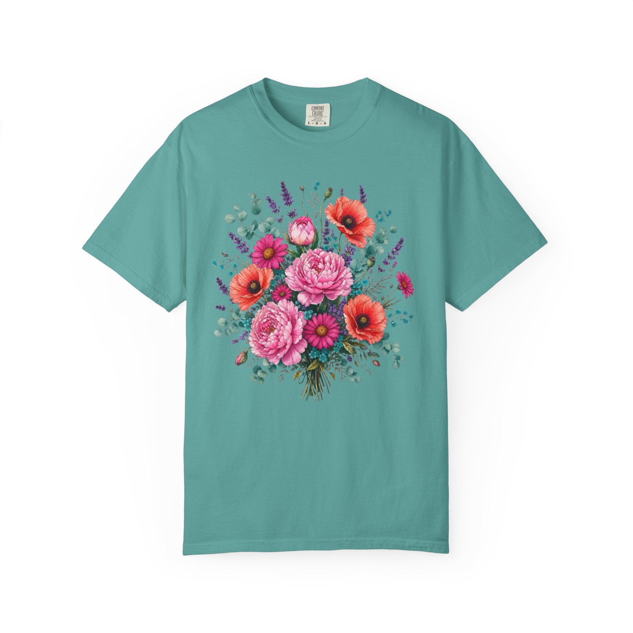 Floral Bouquet T Shirt  Pink Peony and Poppy Garden Tee
