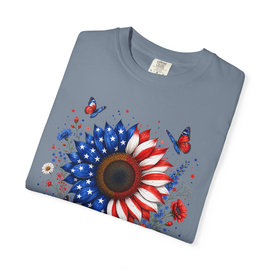Patriotic Sunflower T Shirt American Flag Floral Tee Fourth of July