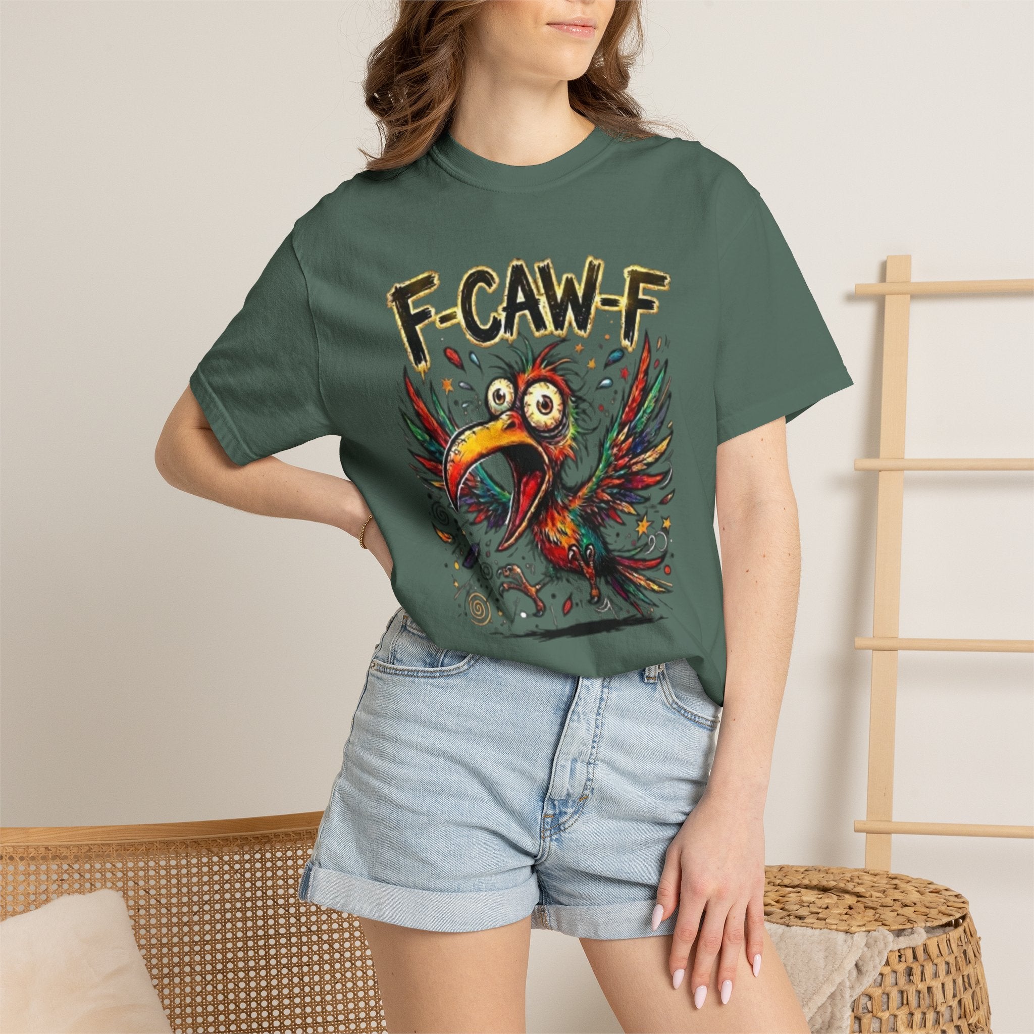 F-CAW-F Cartoon Parrot T-Shirt Colorful Tropical Bird Graphic Tee