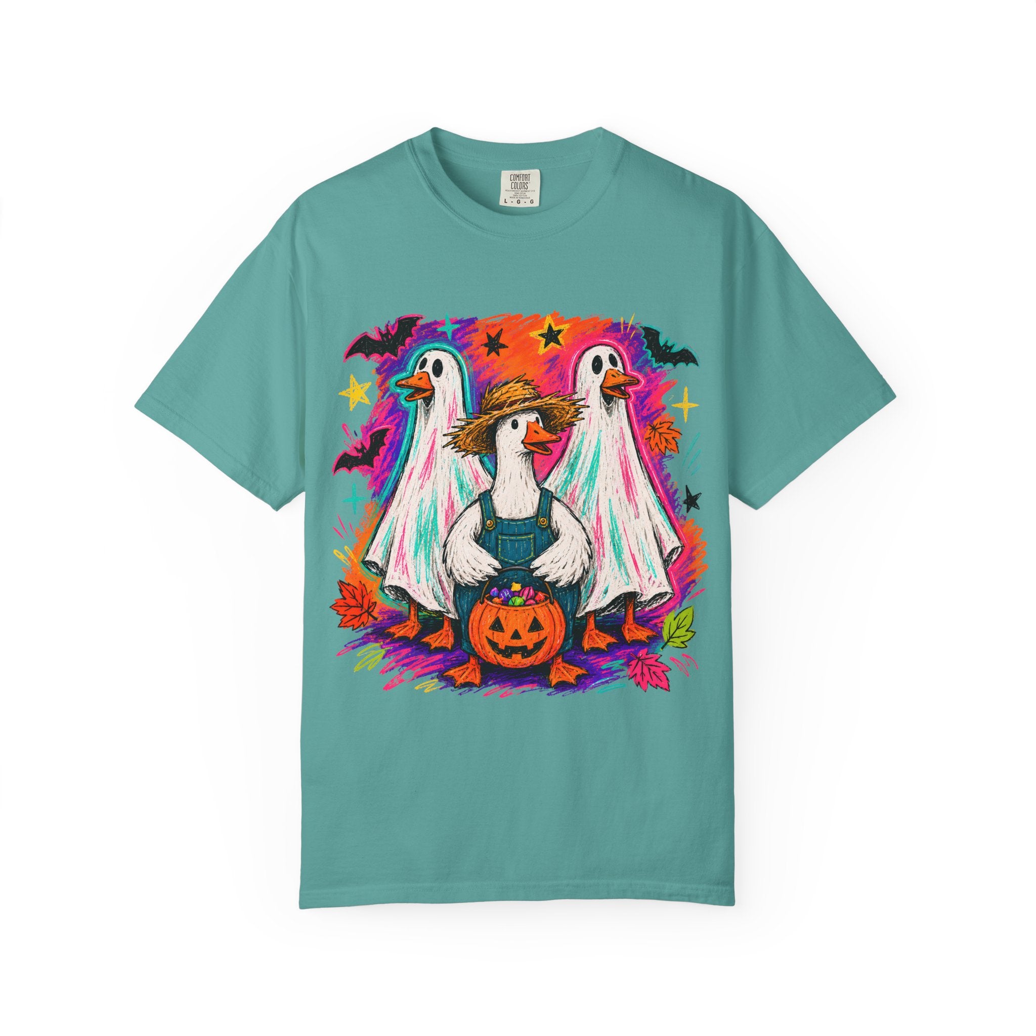 Halloween Goose T Shirt Cute Goose in Ghost Costume with Pumpkin Illustration