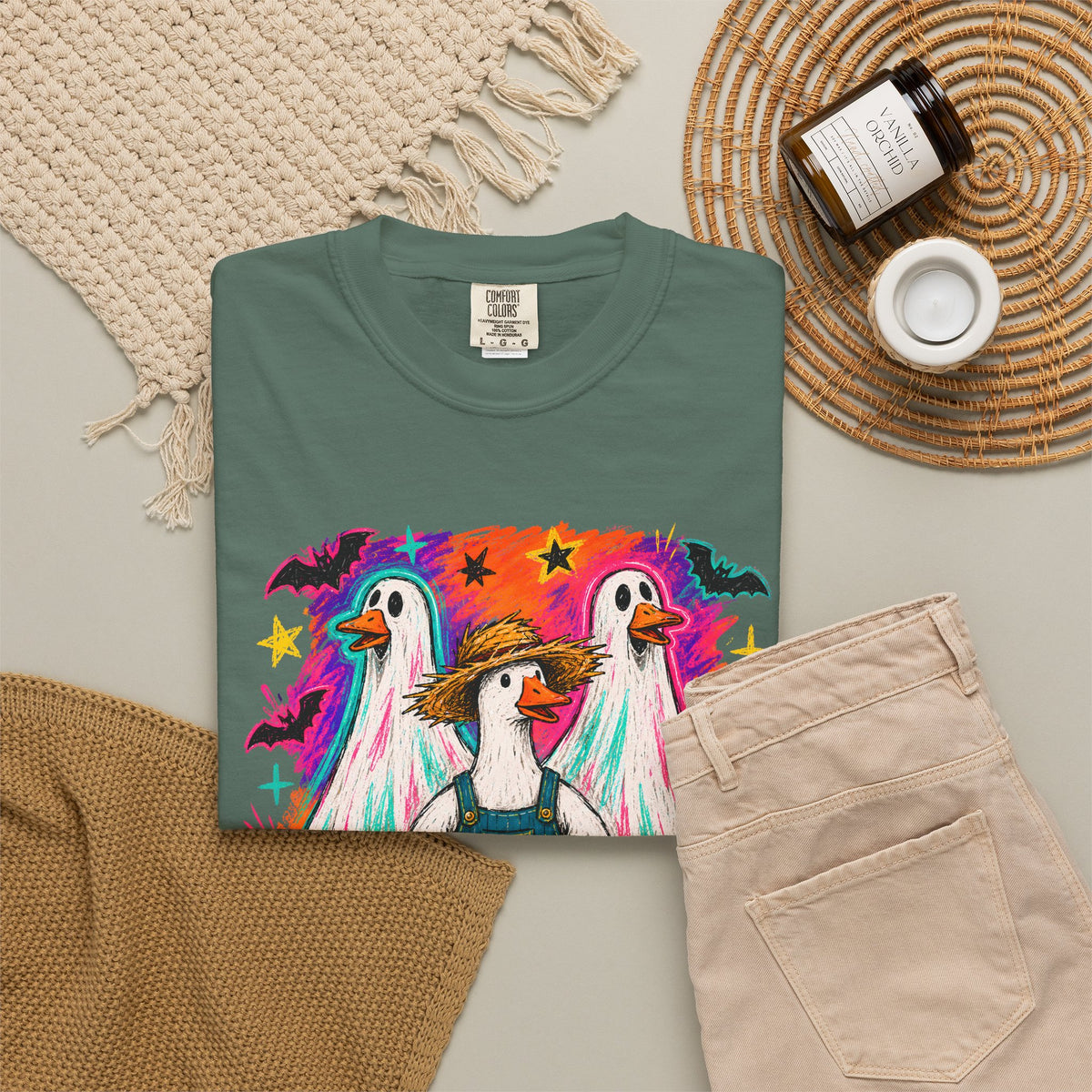 Halloween Goose T Shirt Cute Goose in Ghost Costume with Pumpkin Illustration