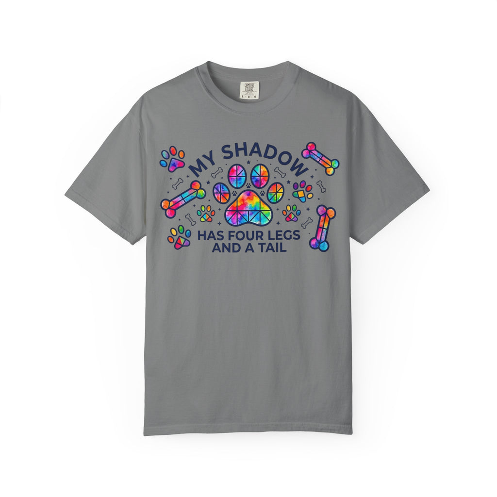 My Shadow Has Four Legs And A Tail T-Shirt Colorful Paw Print Dog Lover Tee