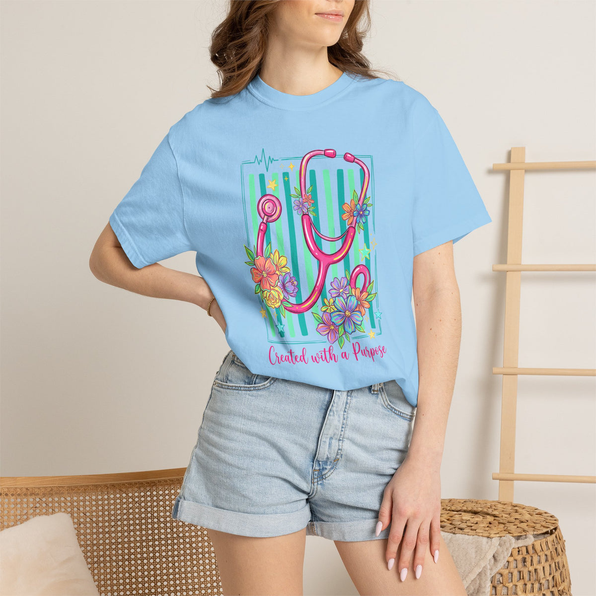 Created With a Purpose Nurse Shirt, Floral Stethoscope Tee, Comfort Colors Nurse T-Shirt, Nursing Student Gift, Nurse Appreciation Gift