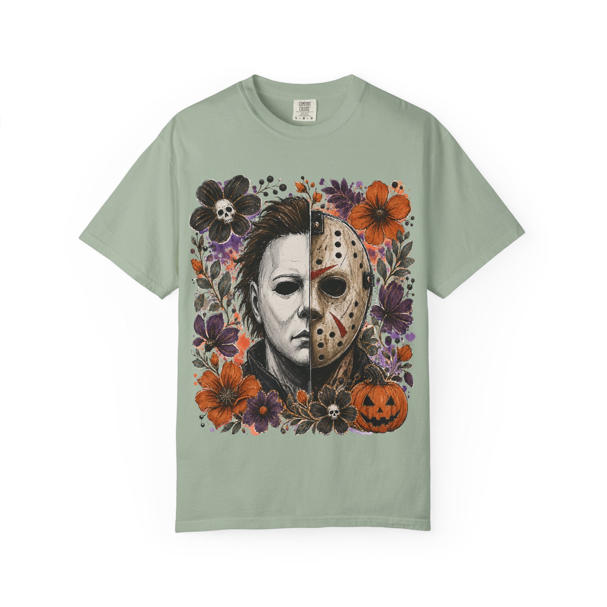 Horror Split Face Floral T Shirt Michael Myers and Jason Halloween Tee