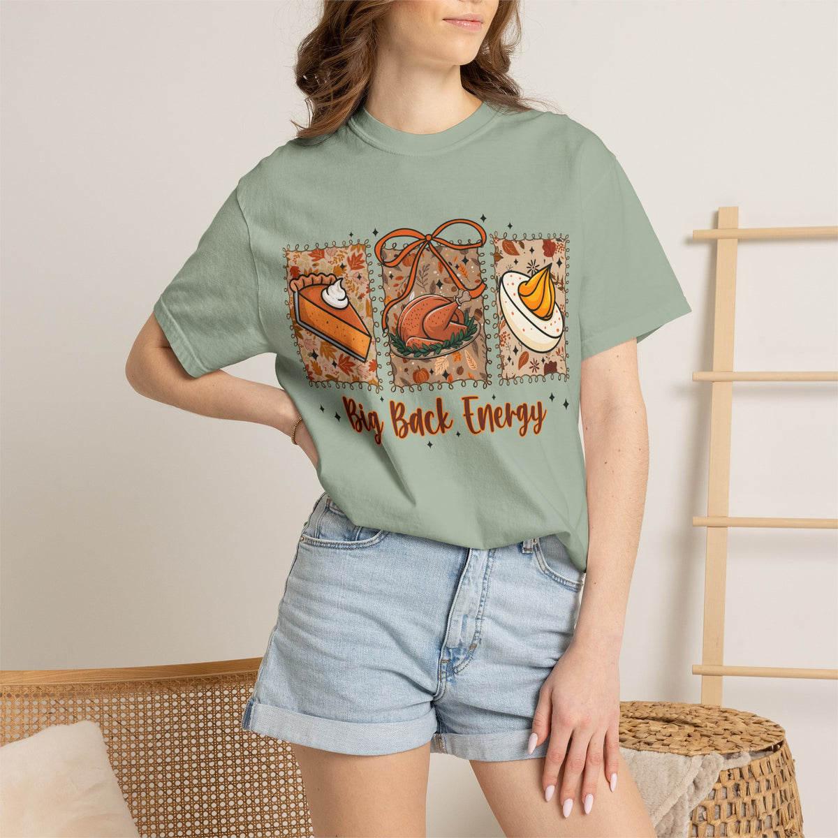 Tee Shirt Big Back Energy Thanksgiving Pie and Turkey Graphic Tee