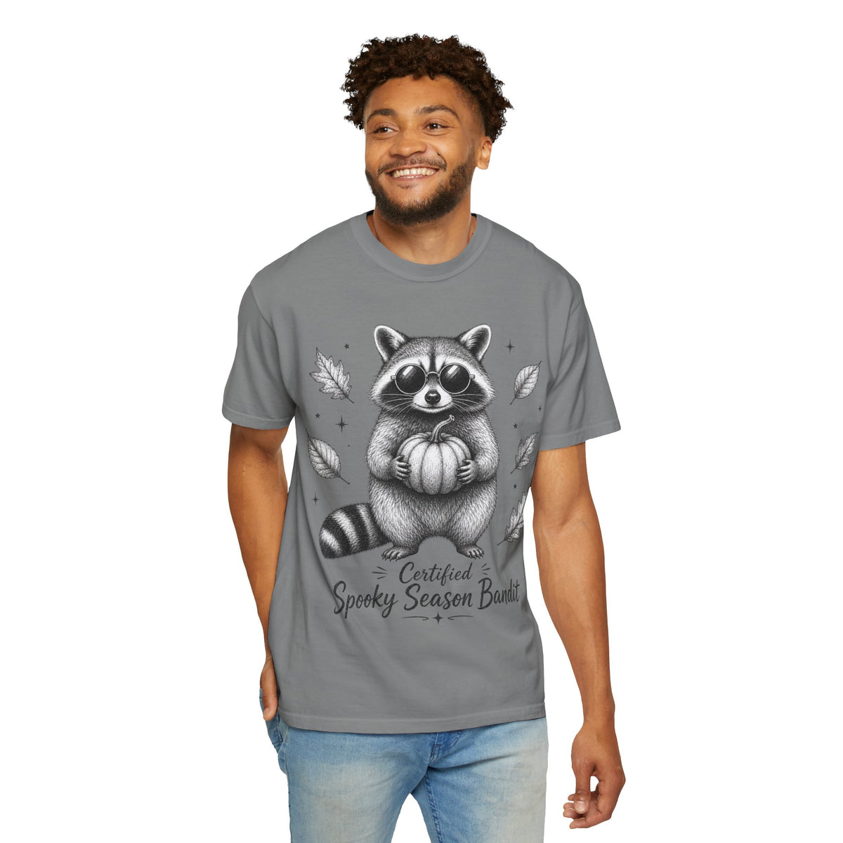 Spooky Season Bandit T Shirt Cute Raccoon Holding Pumpkin Fall Tee