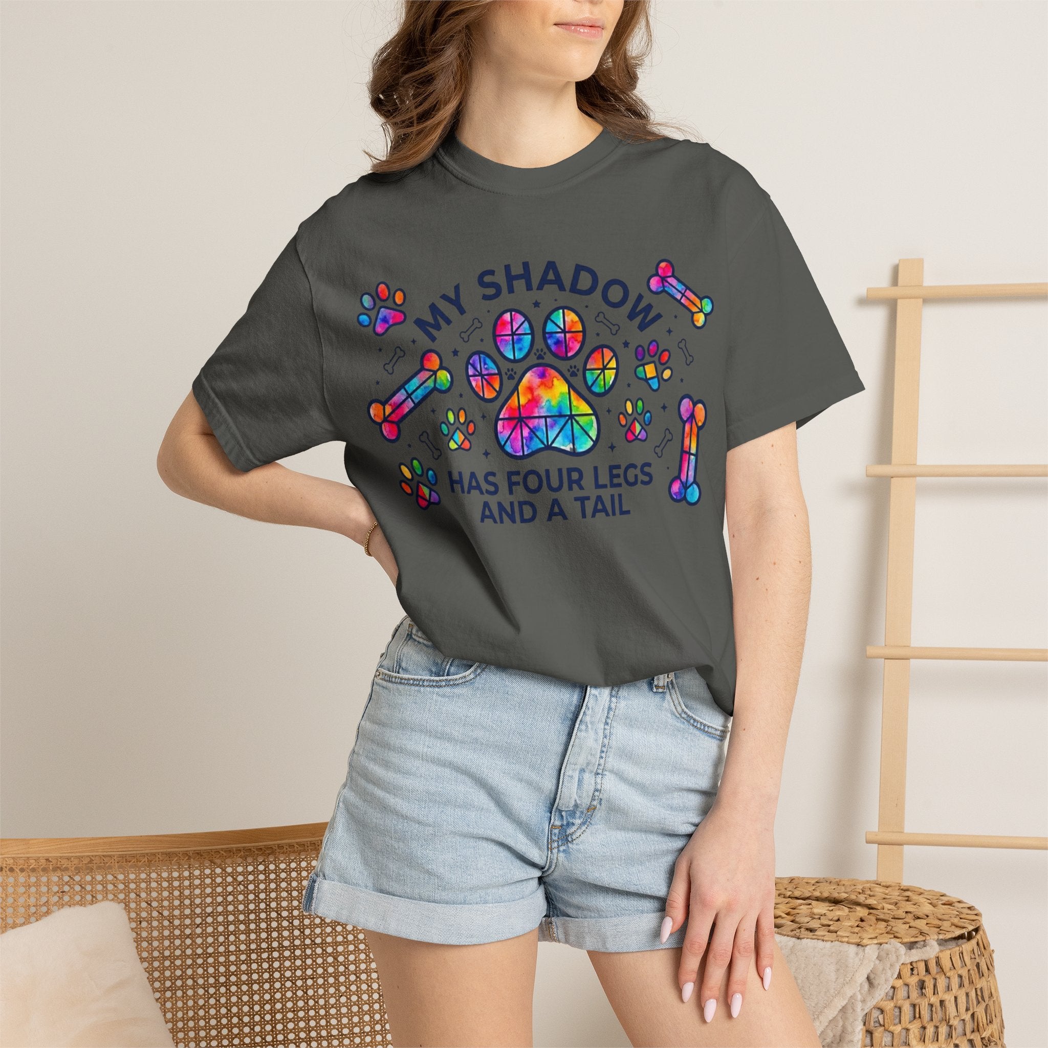 My Shadow Has Four Legs And A Tail T-Shirt Colorful Paw Print Dog Lover Tee