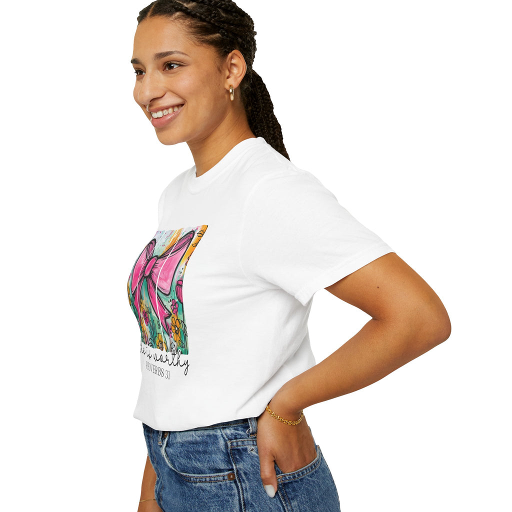 Pink Bow Floral Illustration Tee Shirt | She is Worthy Proverbs 31 Christian Tee