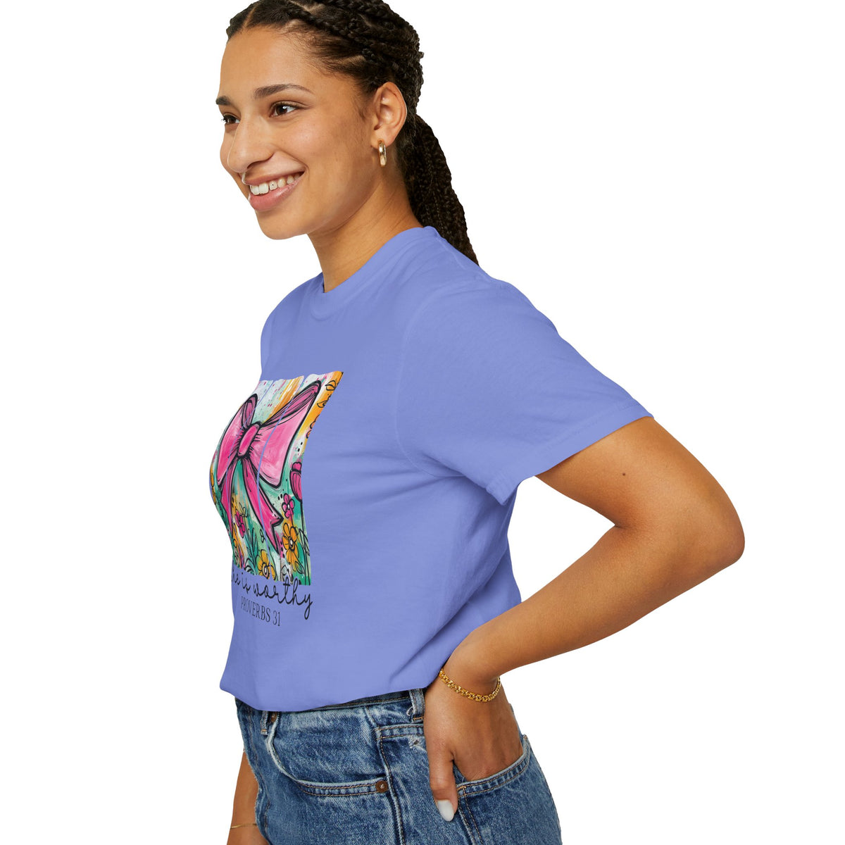 Pink Bow Floral Illustration Tee Shirt | She is Worthy Proverbs 31 Christian Tee