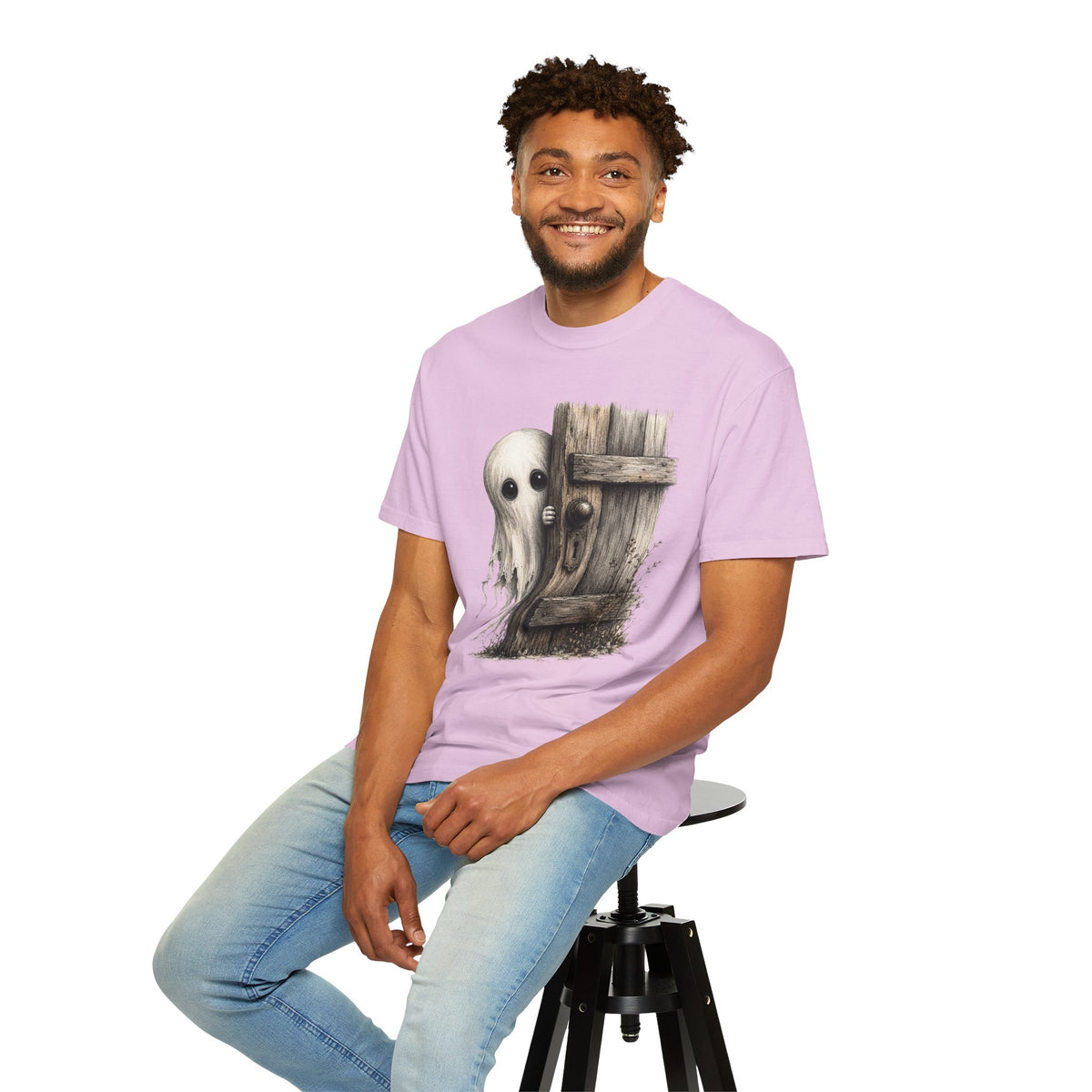 Ghost Peeking Behind Door Tee Shirt Cute Spooky Halloween Tee
