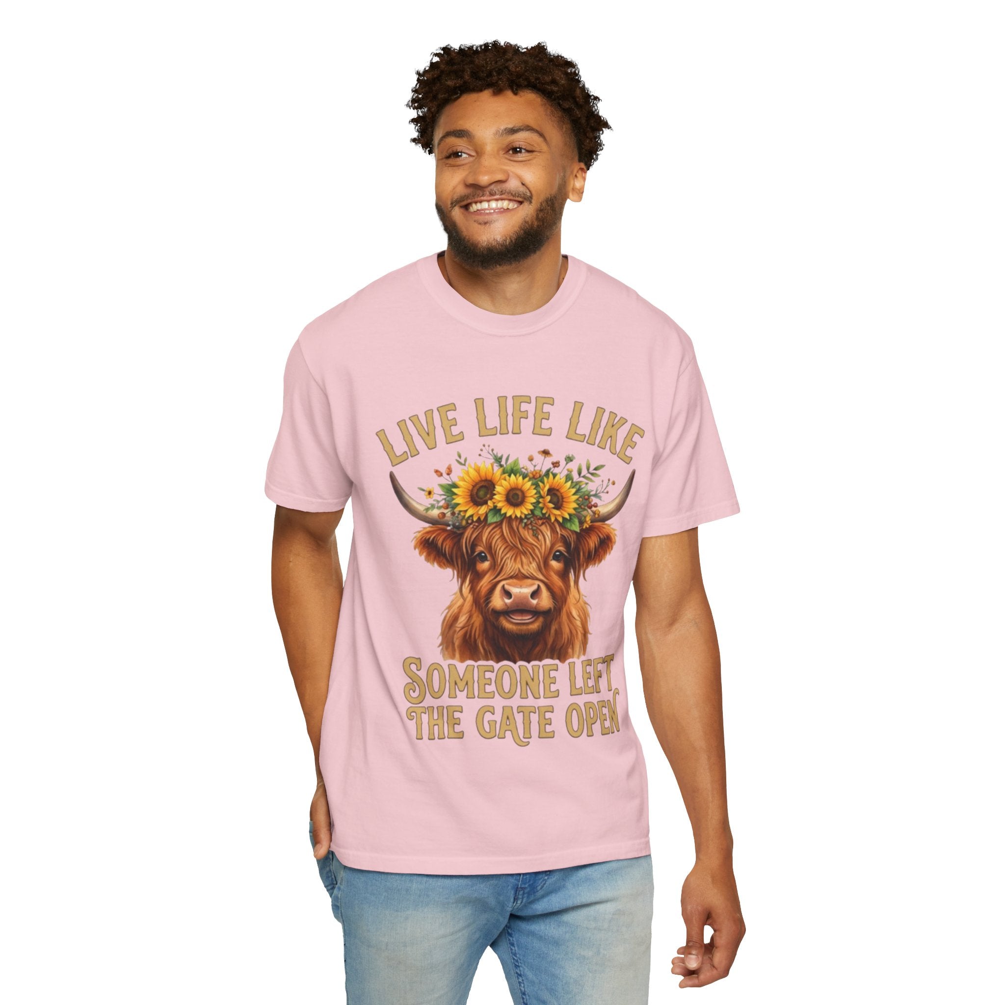 Live Life Like Someone Left the Gate Open Cow TShirt Sunflower Highland Cattle Tee