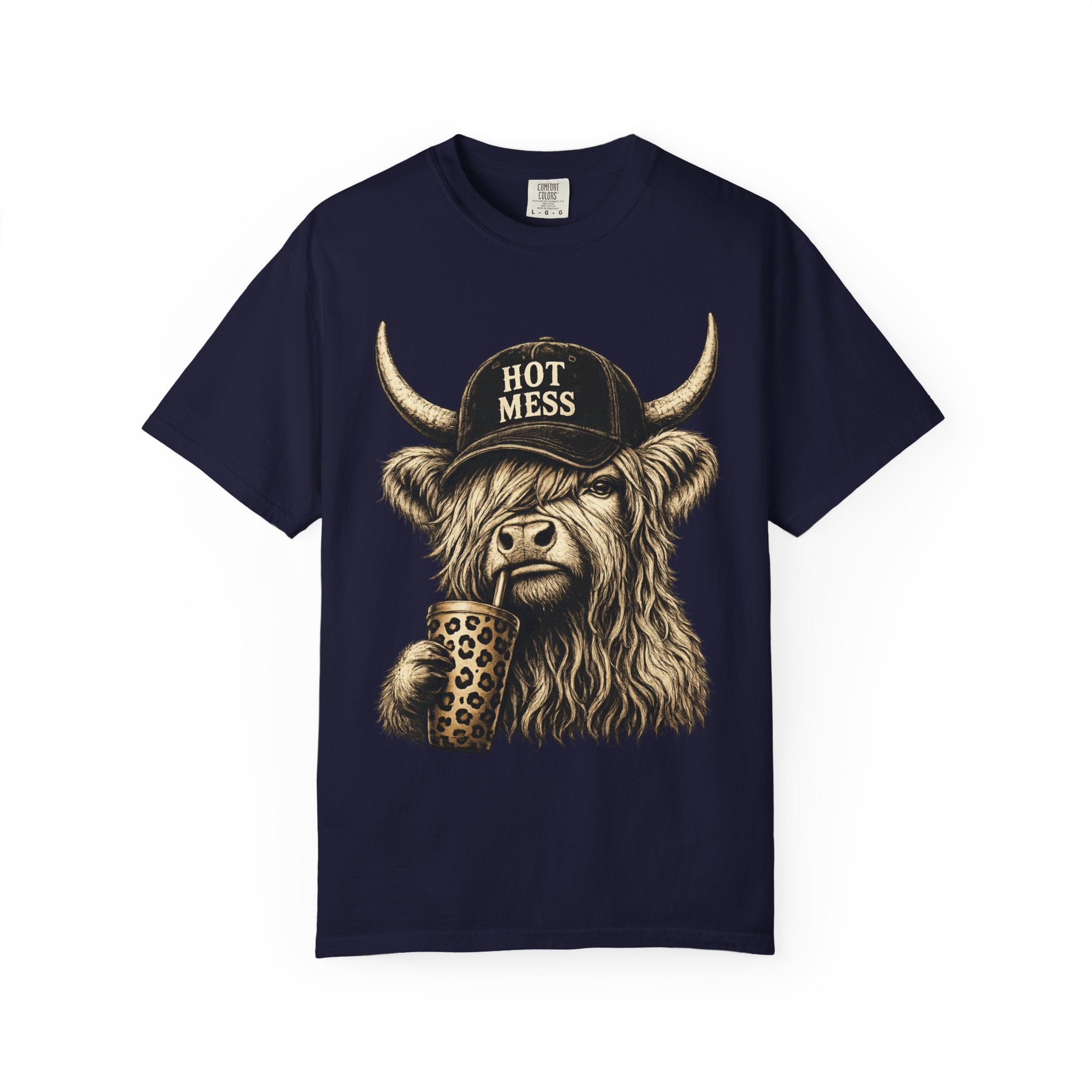 Hot Mess Highland Cow T Shirt Funny Cow with Coffee Graphic