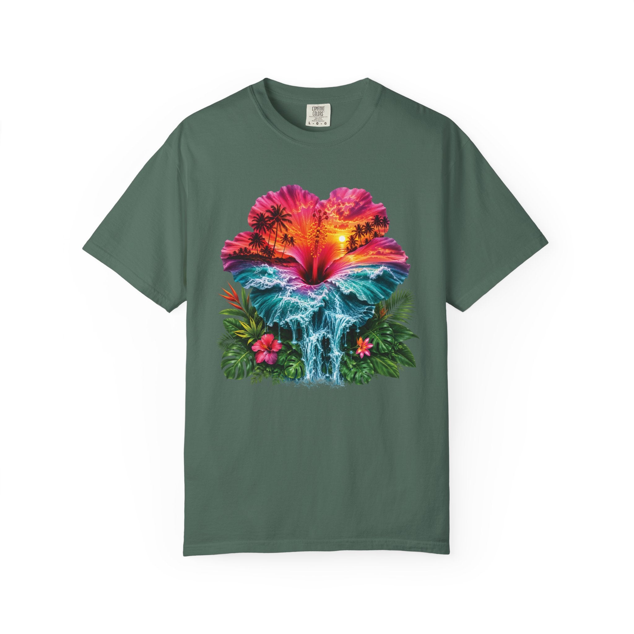 T Shirt Tropical Hibiscus Waterfall Sunset Graphic Tee