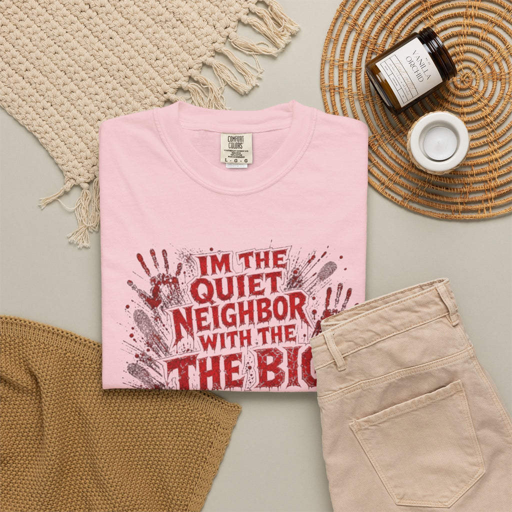 Graphic Tee Shirt Im the Quiet Neighbor with the Big Freezer Horror Handprint Tee