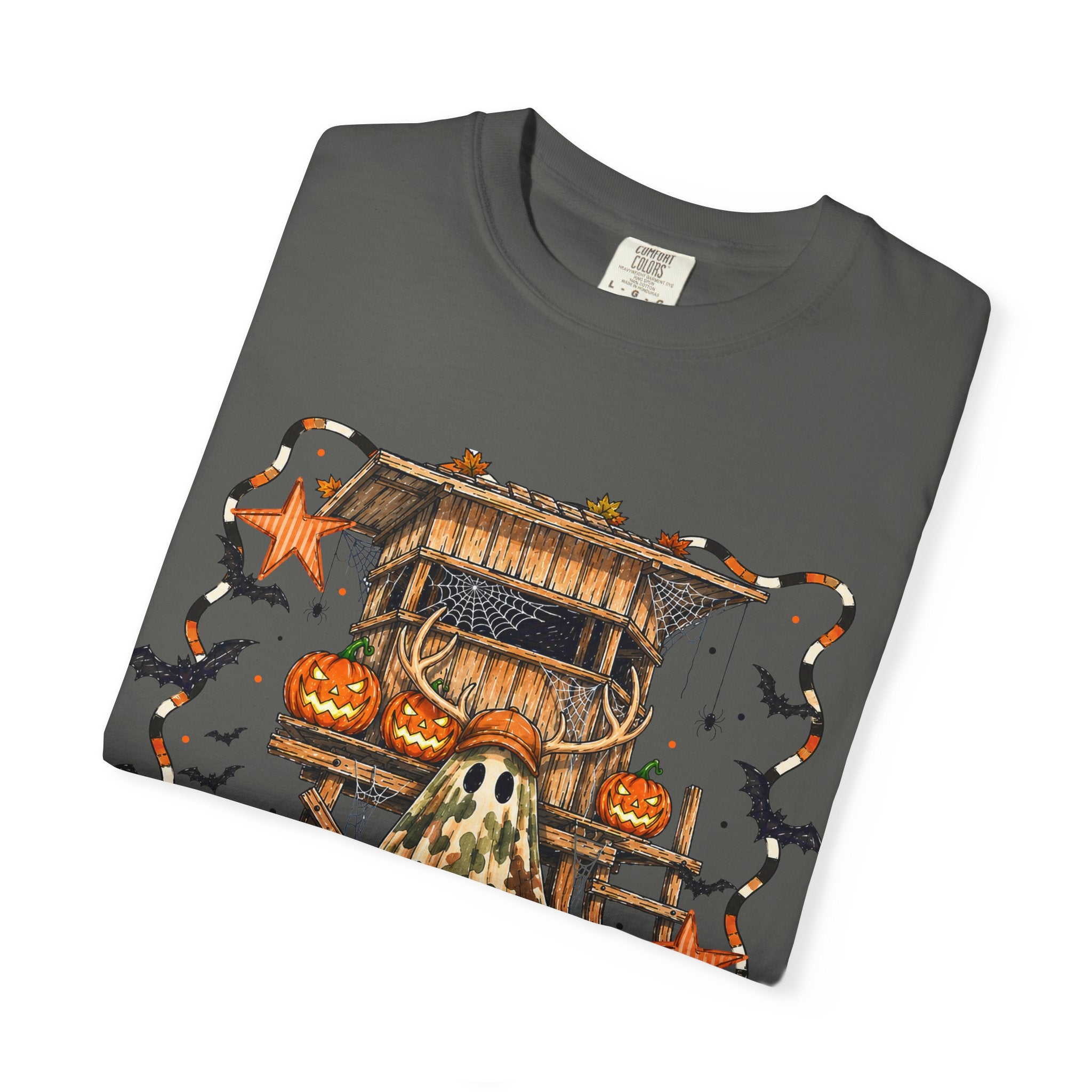 Halloween Ghost Treehouse T-Shirt Front and Back 31 October Camo Pumpkin Tee
