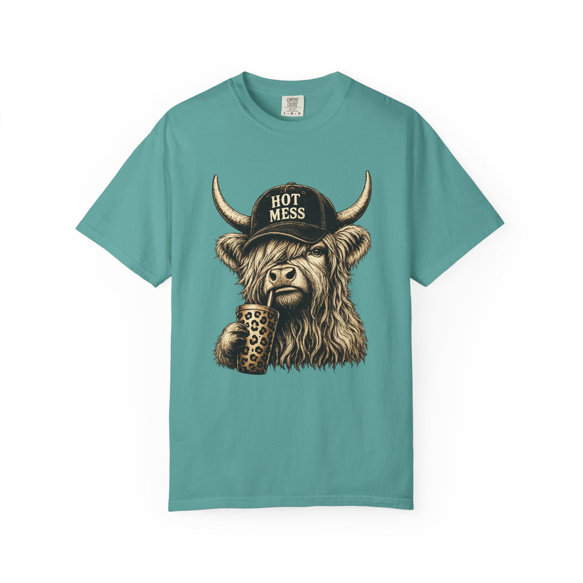 Hot Mess Highland Cow T Shirt Funny Cow with Coffee Graphic
