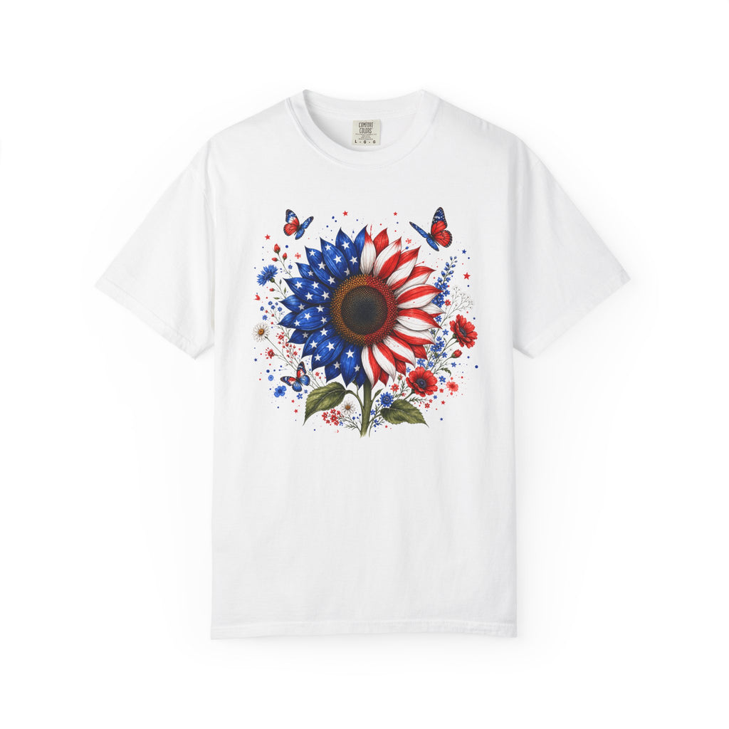 Patriotic Sunflower T Shirt American Flag Floral Tee Fourth of July