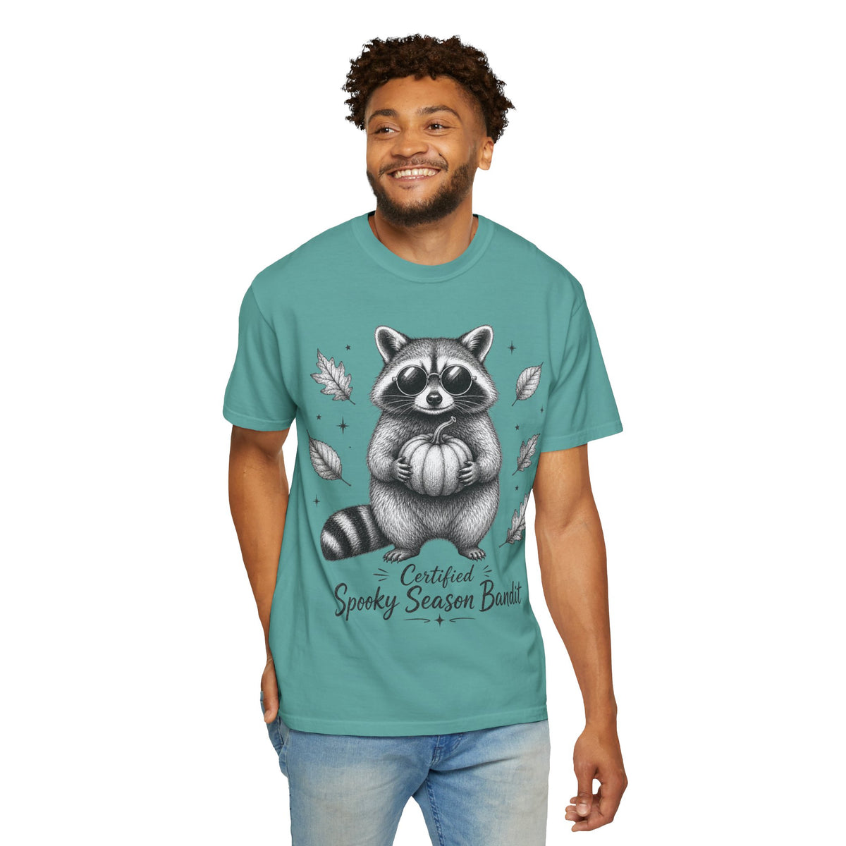 Spooky Season Bandit T Shirt Cute Raccoon Holding Pumpkin Fall Tee
