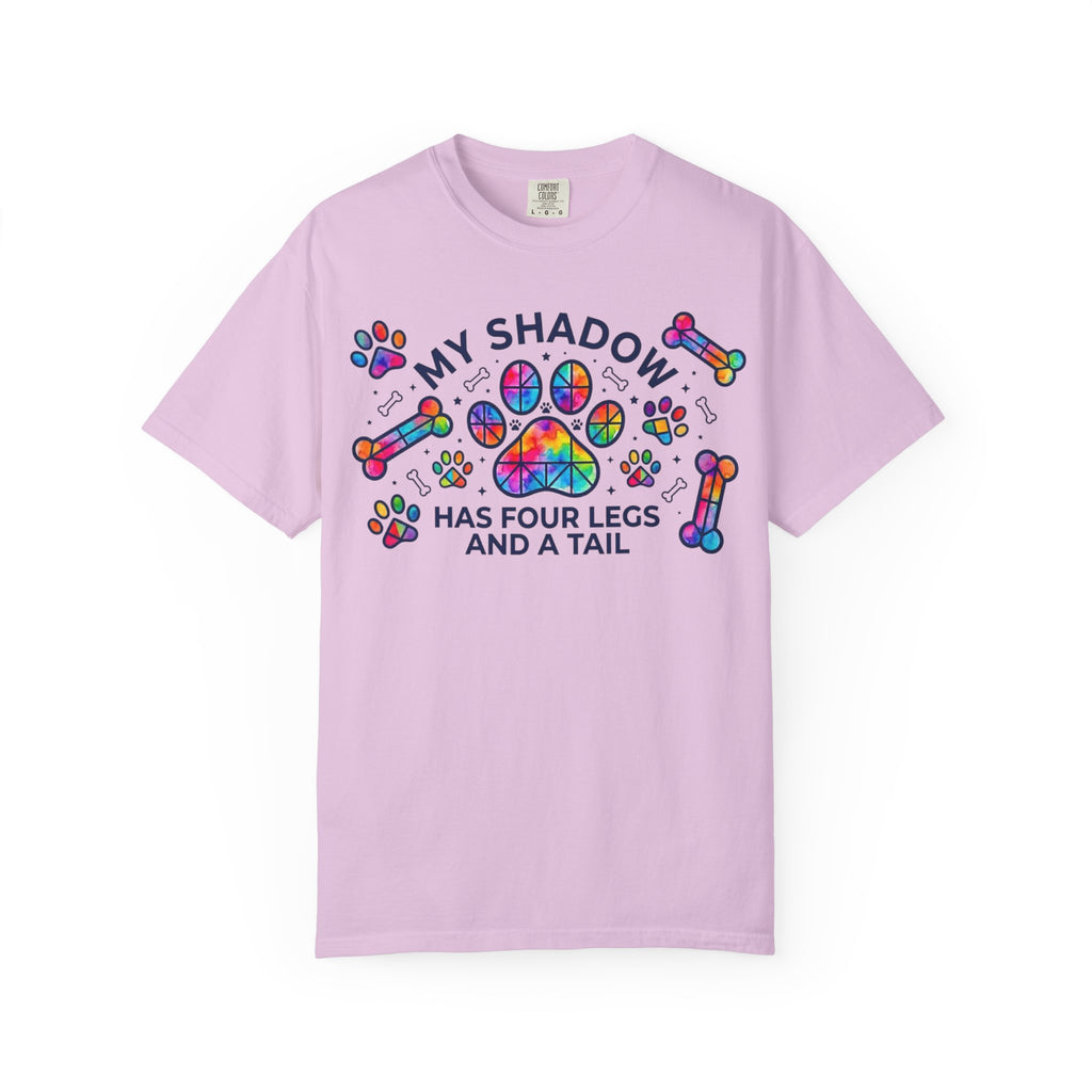 My Shadow Has Four Legs And A Tail T-Shirt Colorful Paw Print Dog Lover Tee